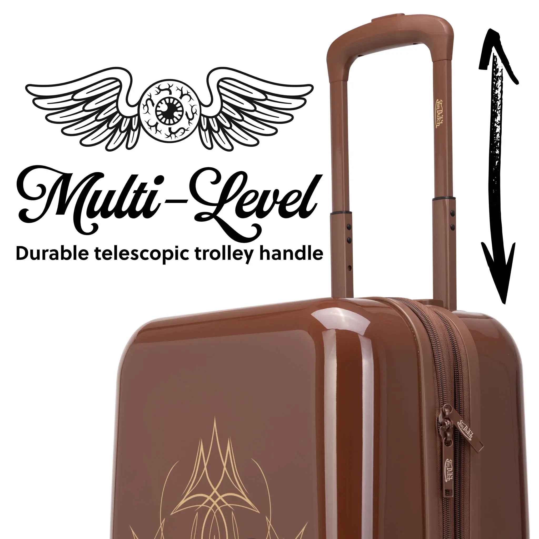 Brown suitcase with a durable telescopic trolley handle and brand logo on a white background