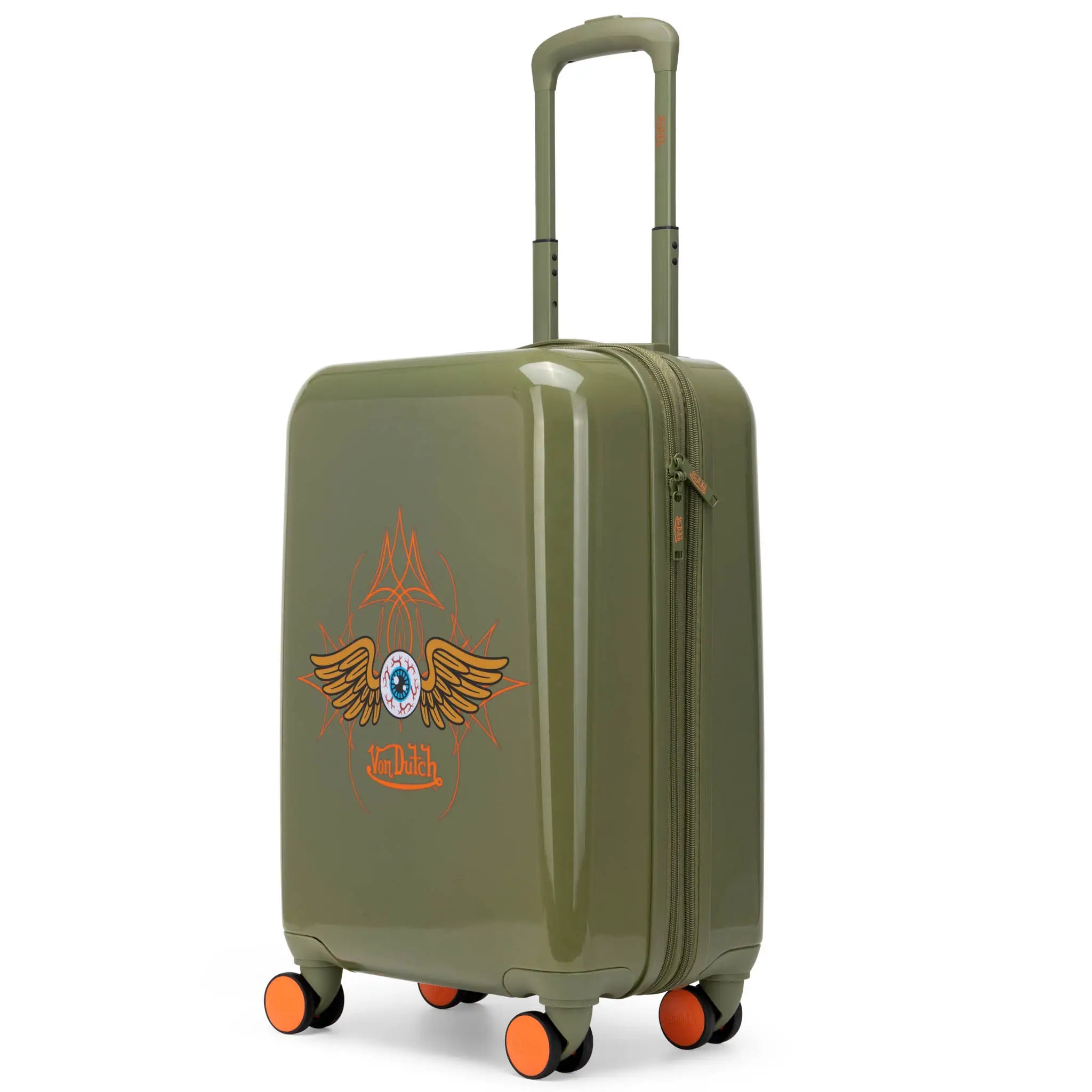 Green suitcase with orange wheels and a logo on a white background