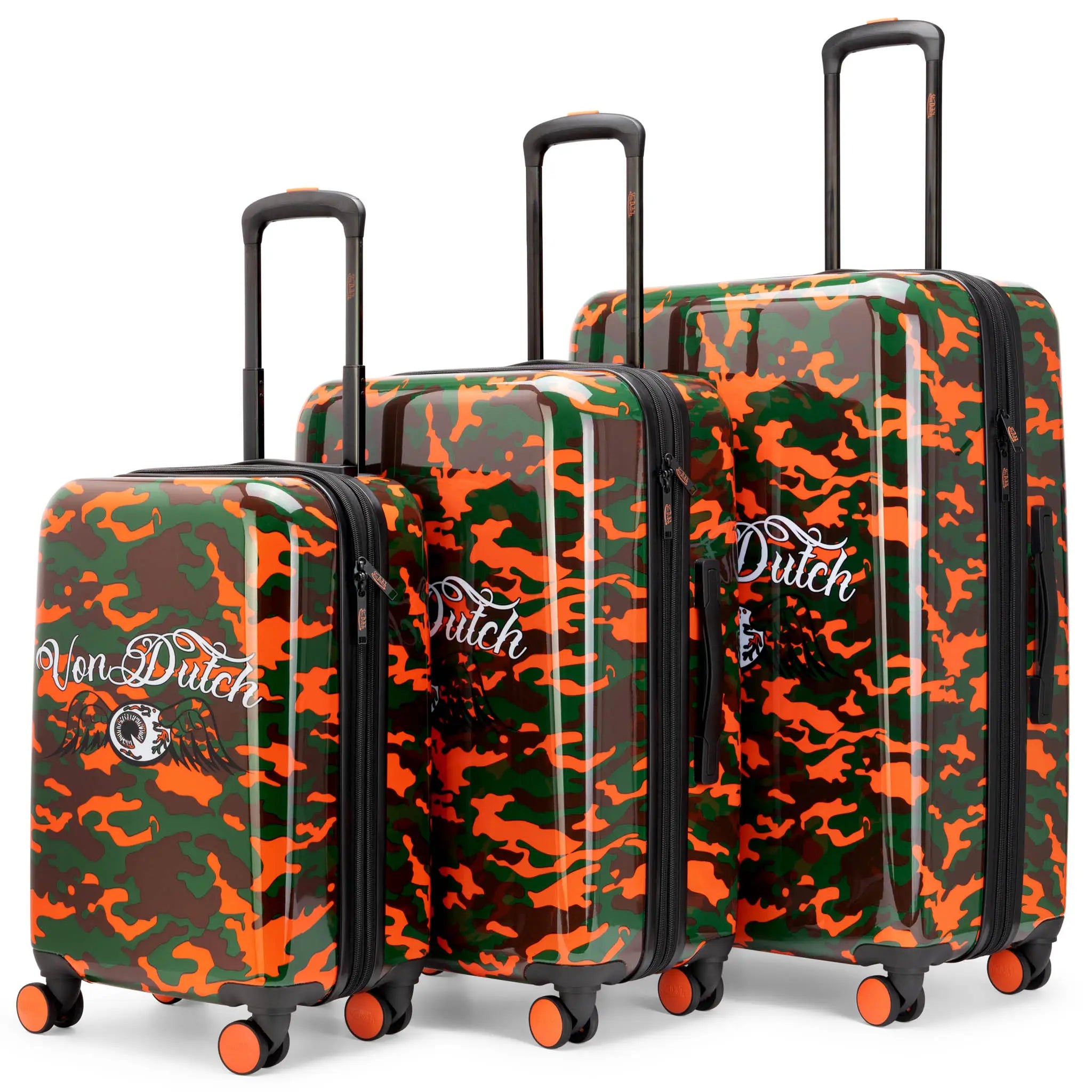 Three Von Dutch patterned suitcases on a white background
