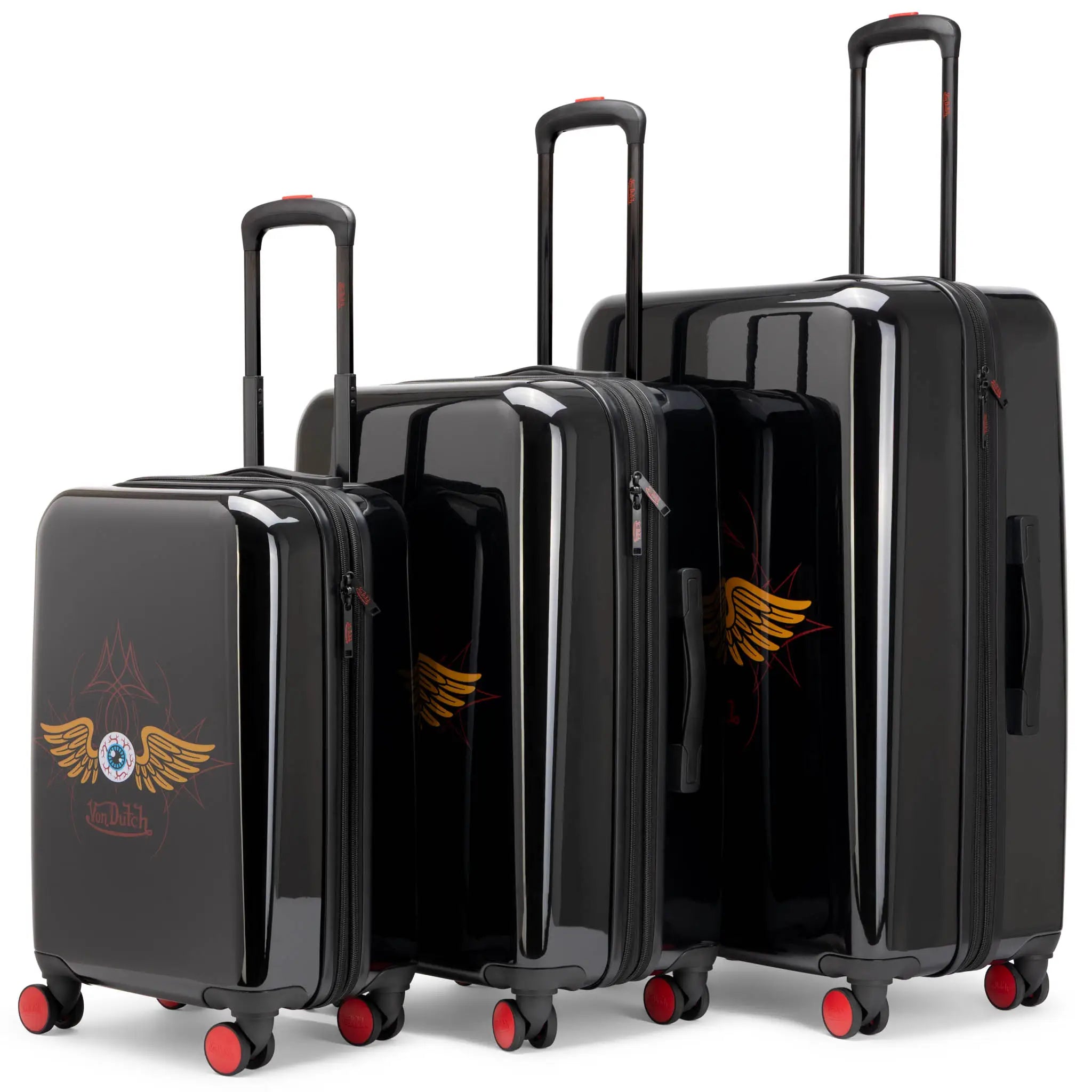 Set of black suitcases with winged emblem on a white background