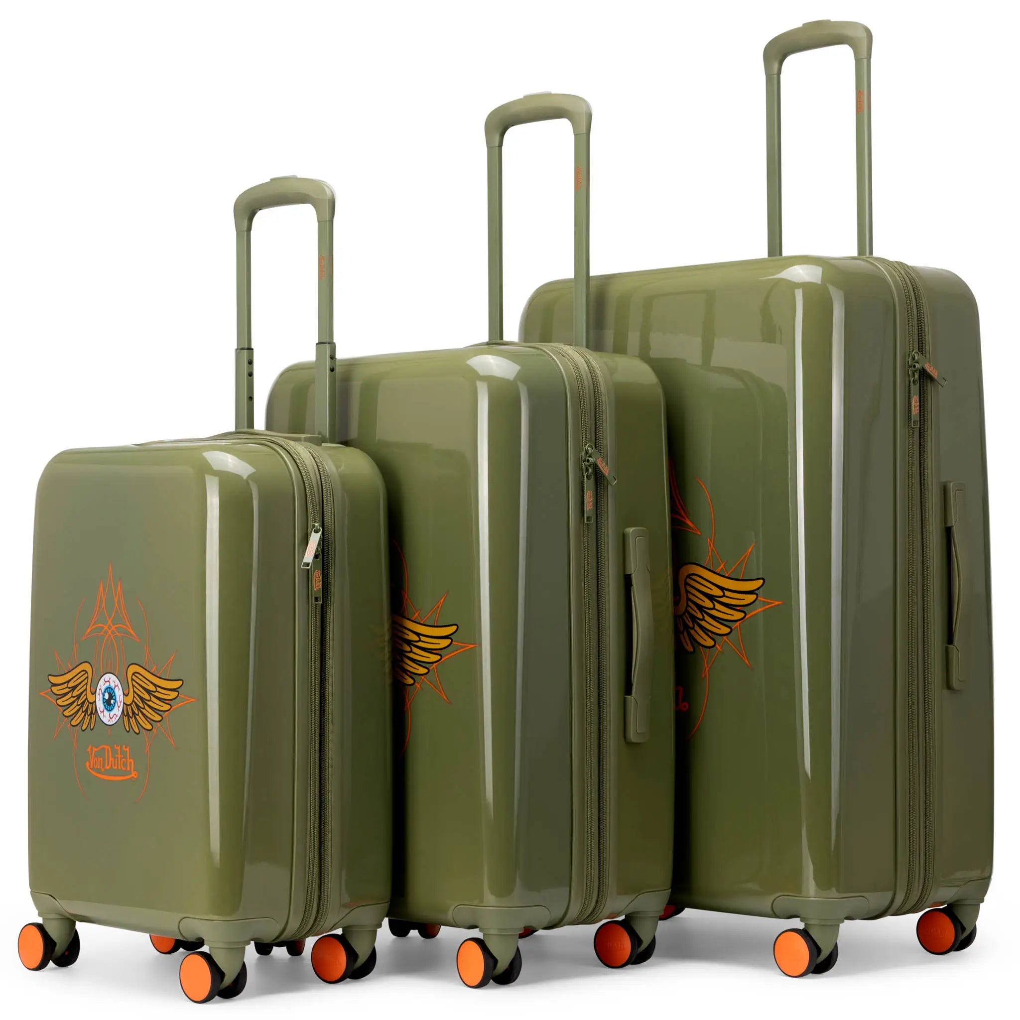Set of green suitcases with decorative elements on a white background