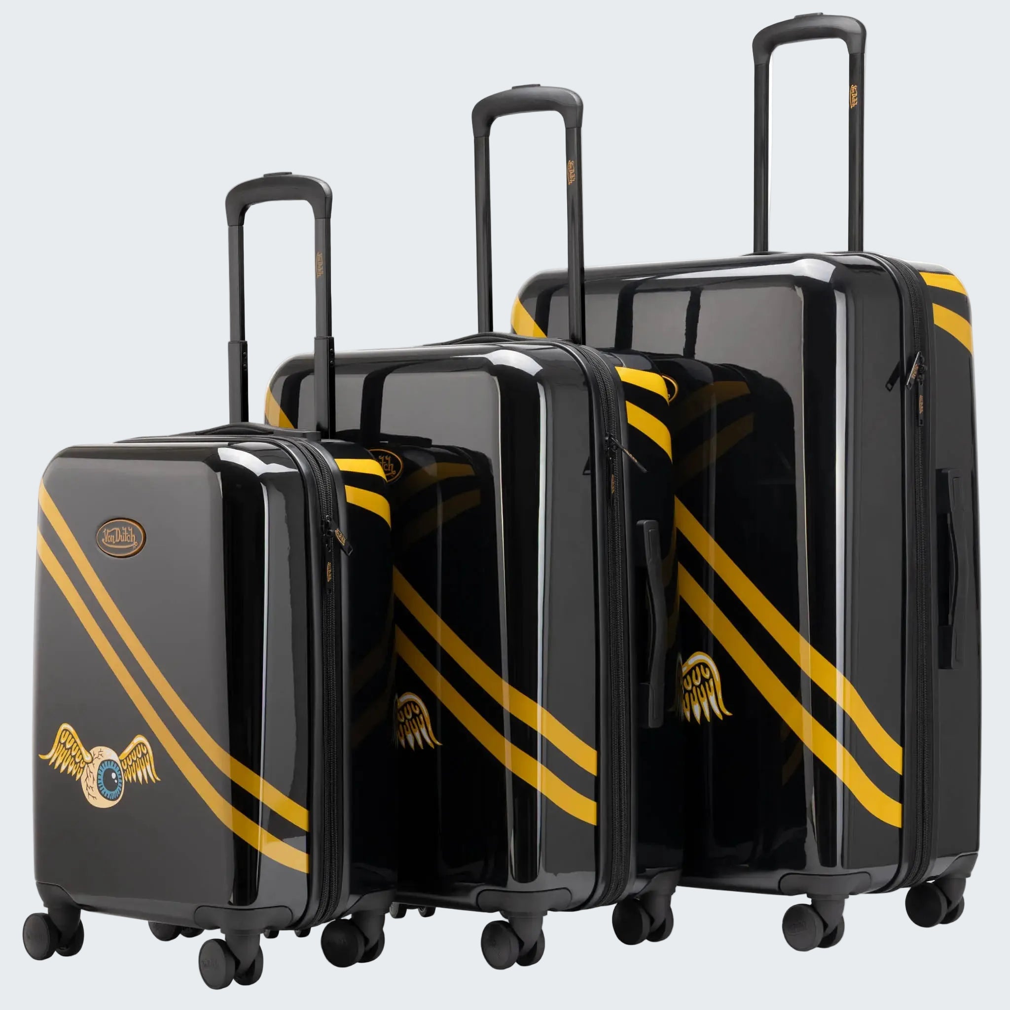 Set of black suitcases with yellow stripes and a logo on a white background
