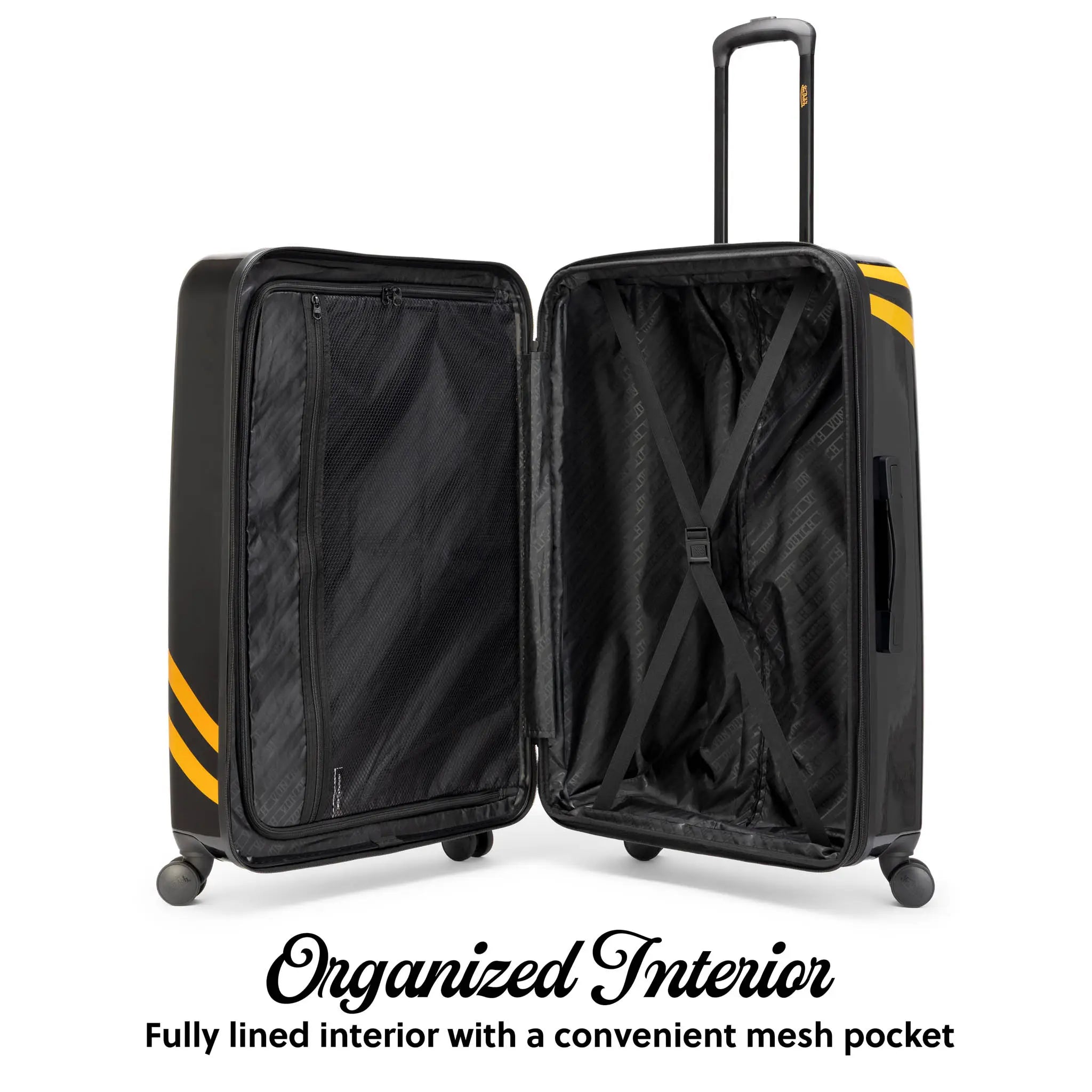 Black suitcase with yellow accents, open to show interior, on a white background.