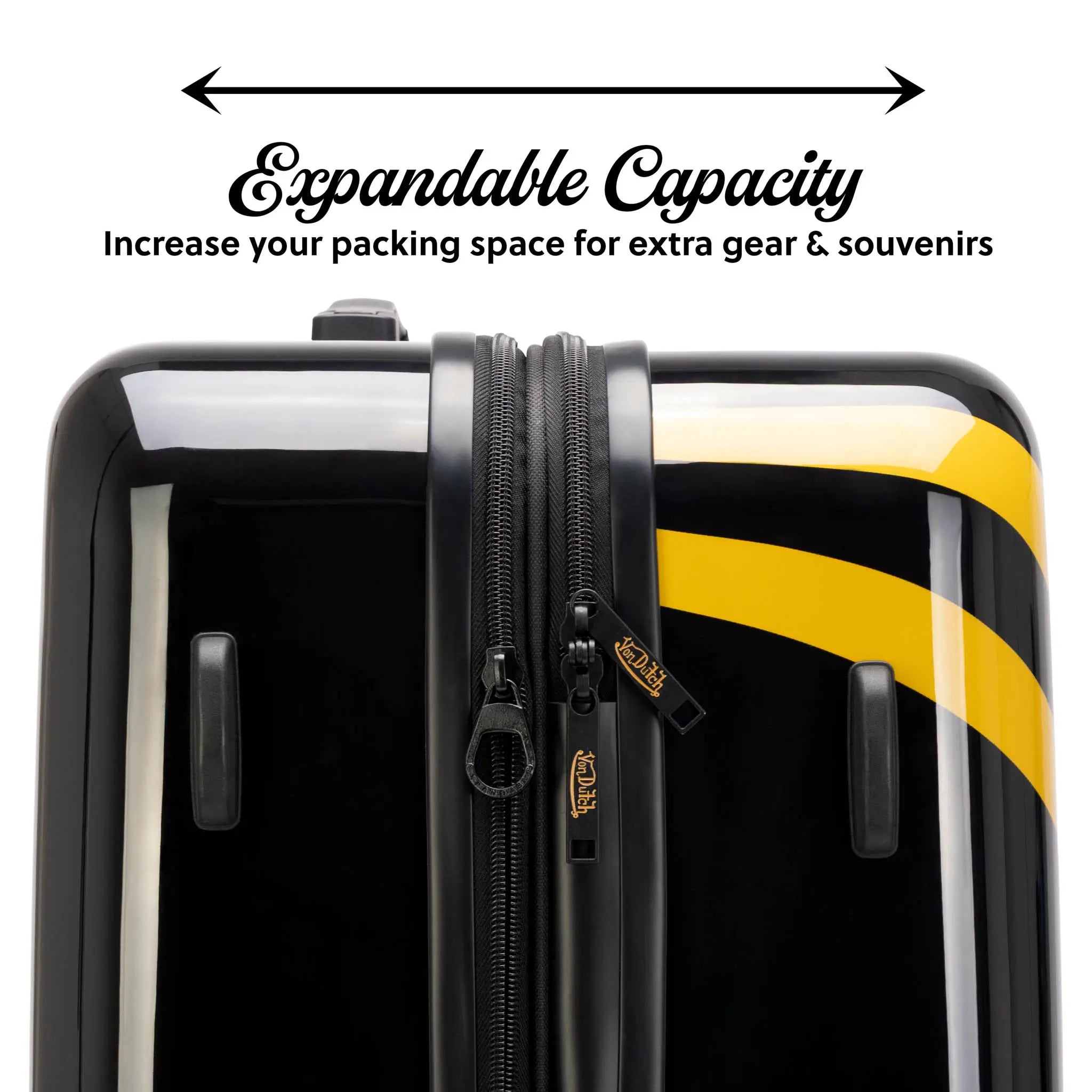 Black suitcase with yellow stripe and text highlighting expandable capacity feature