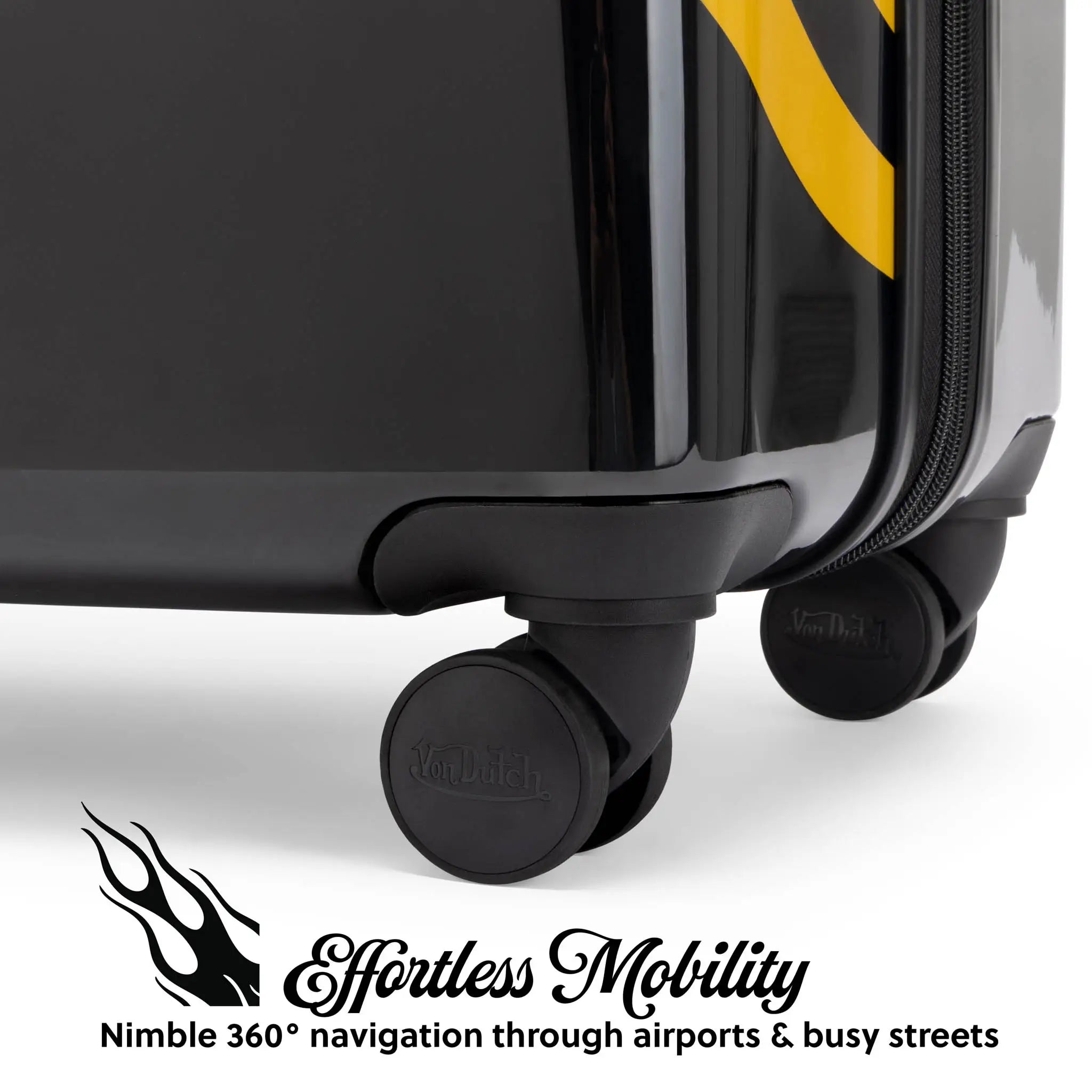 Black suitcase with wheels on a white background, featuring 'Effortless Mobility' branding.