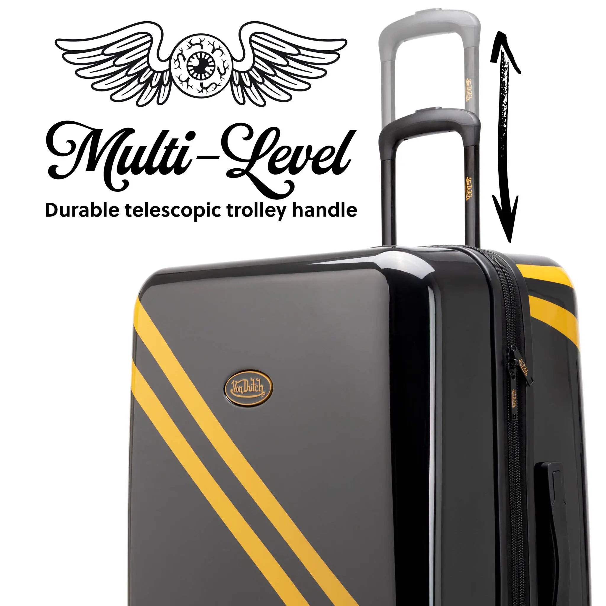 Black suitcase with yellow stripes and 'Multi-Level' branding on a white background