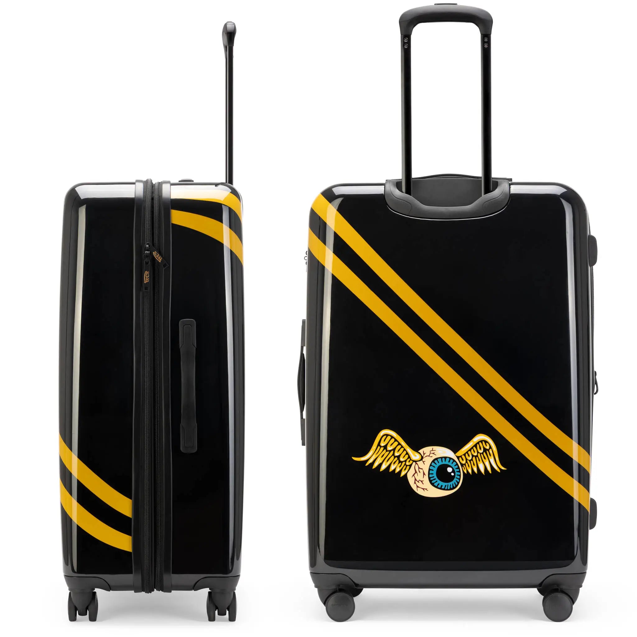 Black suitcase with yellow stripes and a winged eye design on a white background