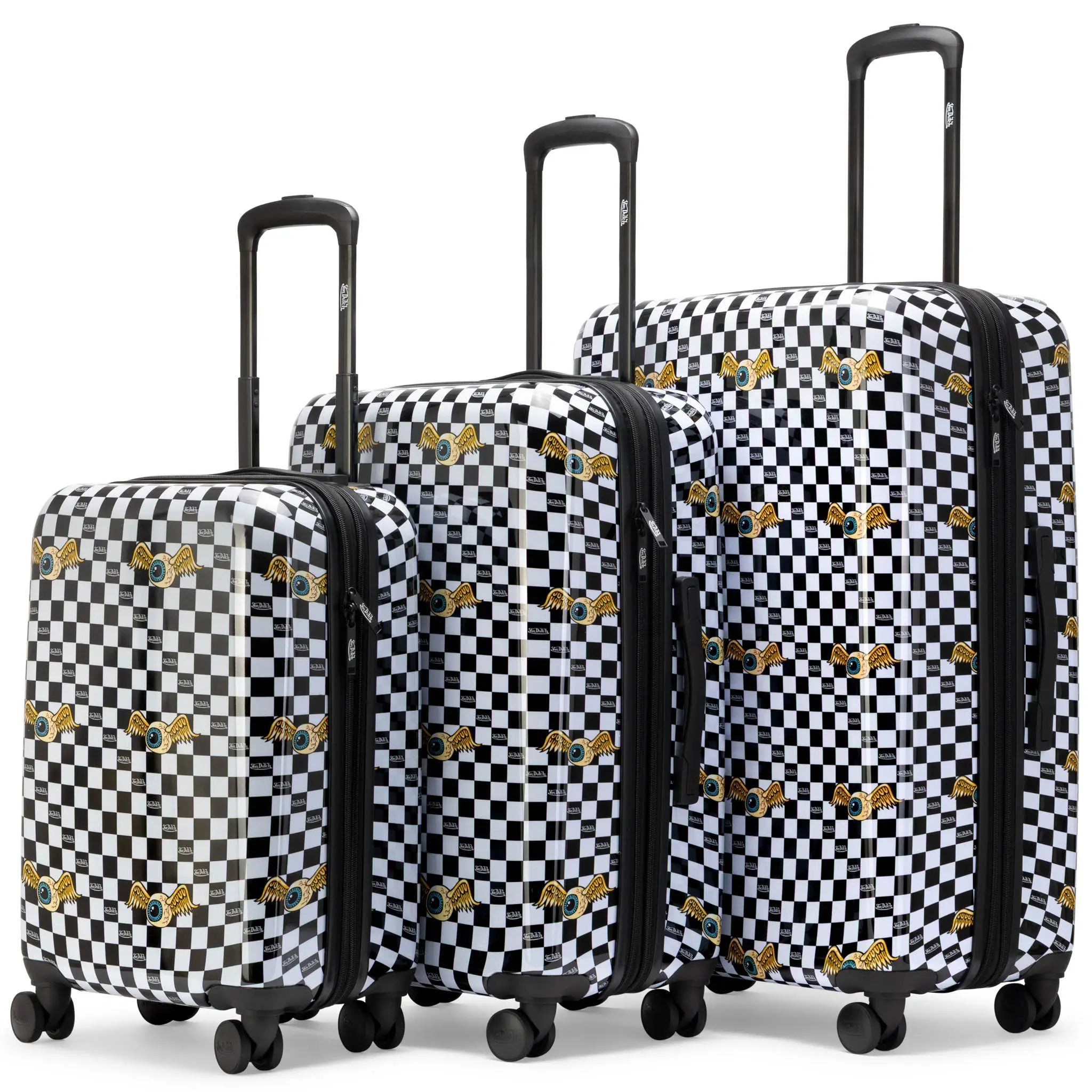 Set of three checkered suitcases with black handles on a white background