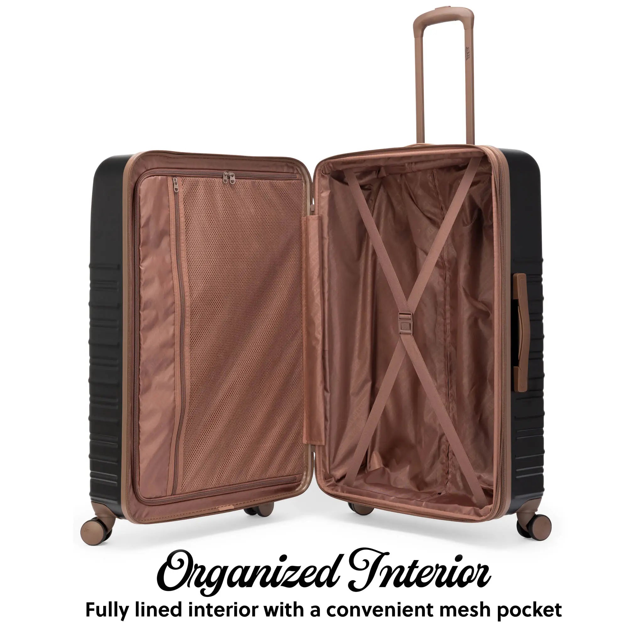 Open suitcase with a mesh pocket on a white background