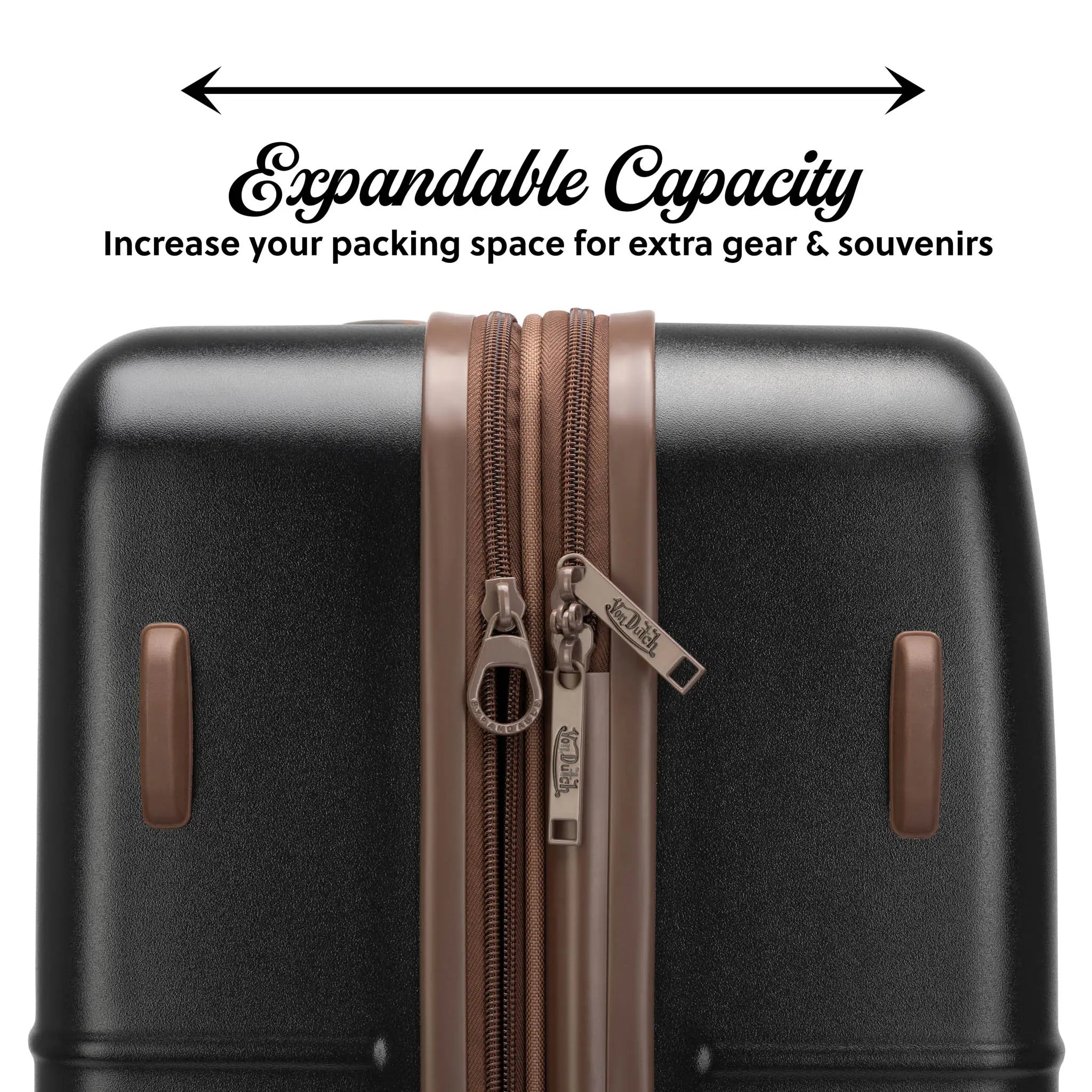 Black suitcase with brown zipper and expandable capacity feature on a white background