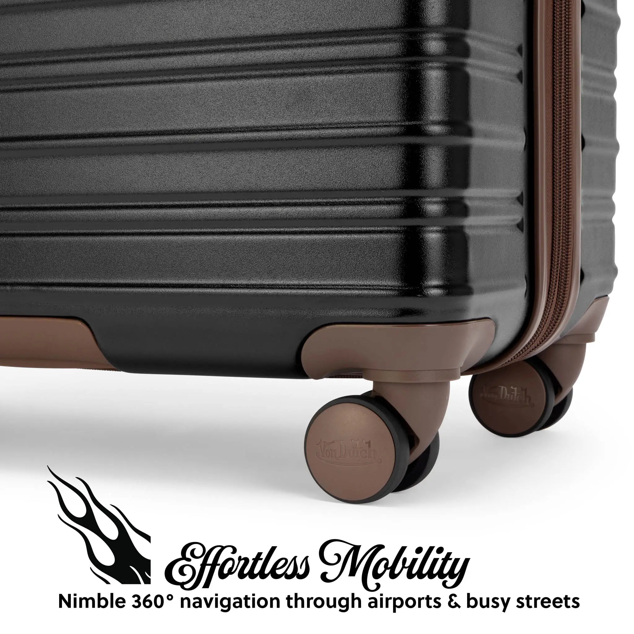 Close-up of a suitcase with wheels and 'Effortless Mobility' branding.
