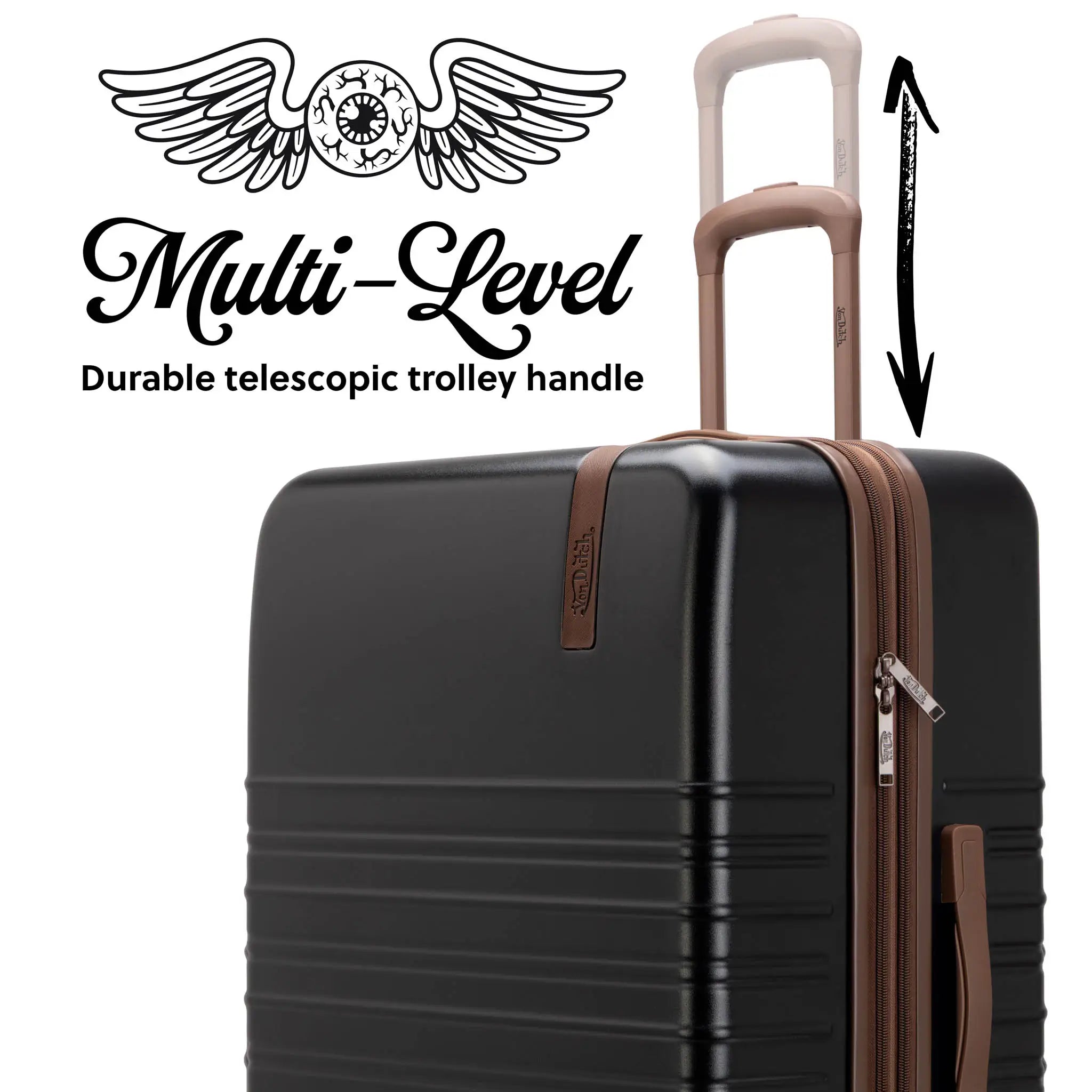 Black suitcase with brown handle and 'Multi-Level' branding on a white background