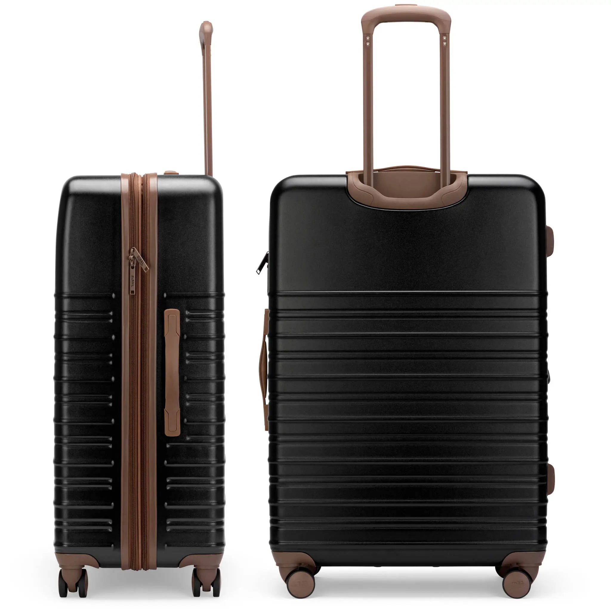 Black suitcase with brown handles and wheels on a white background