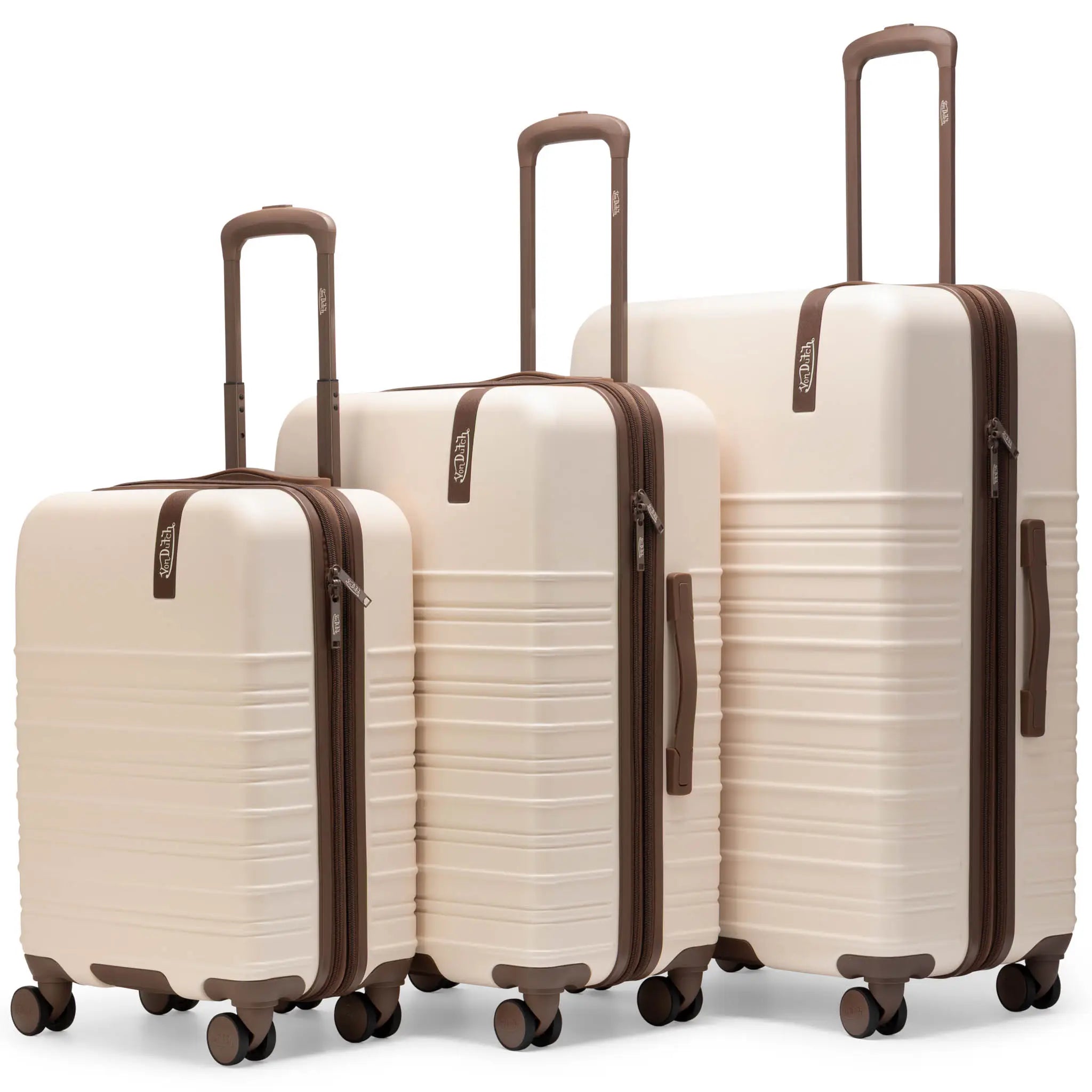 Set of three beige suitcases with brown handles and wheels on a white background