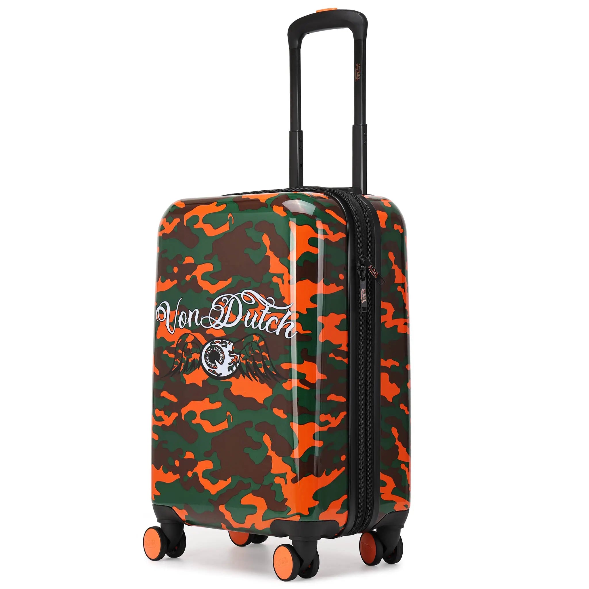 Camouflage-patterned suitcase with 'von Dutch' branding on a white background