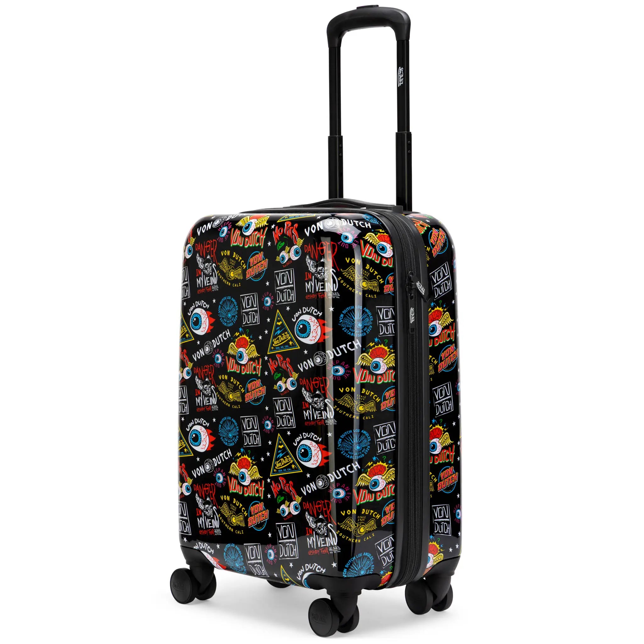 Black suitcase with colorful graphic design on a white background
