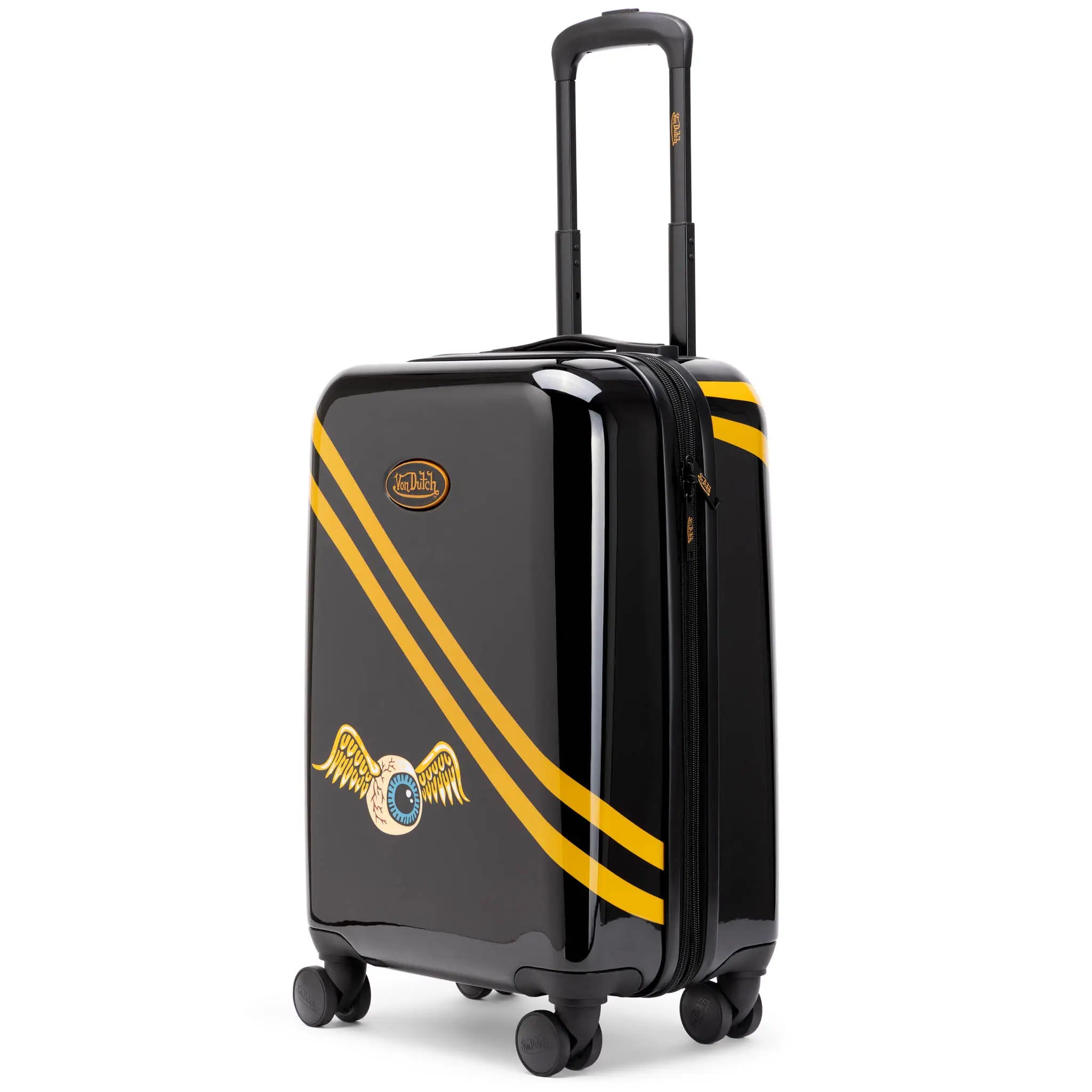 Black suitcase with yellow stripes and a logo on a white background