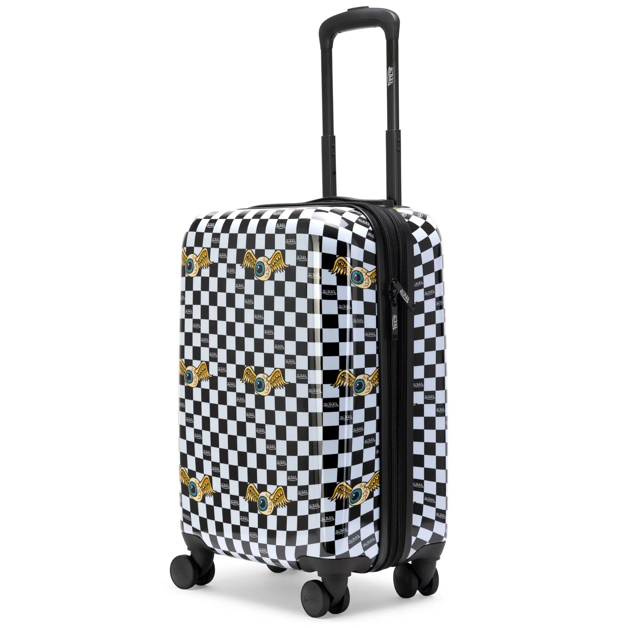 Checkered suitcase with embroidered designs on a white background