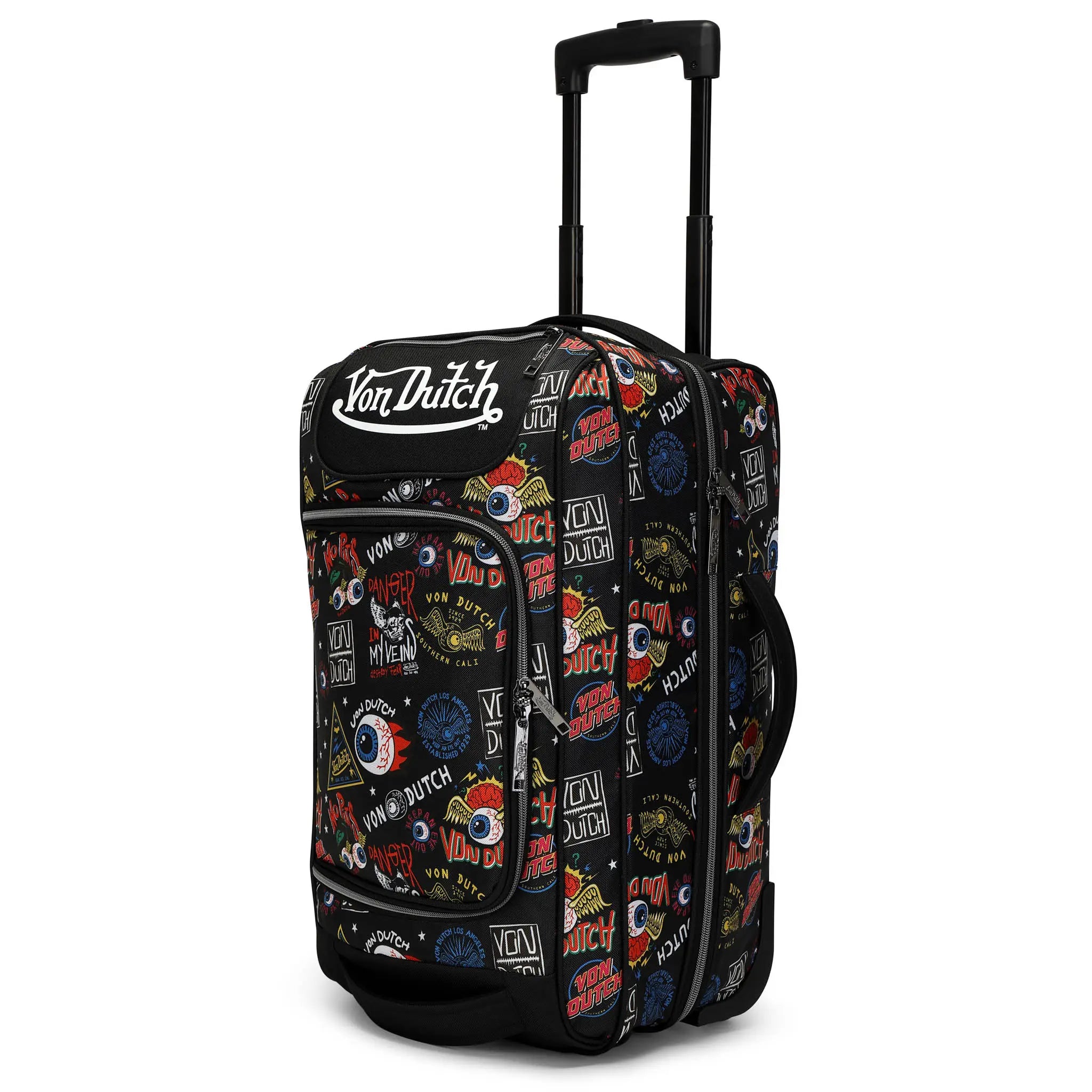 Black rolling suitcase with colorful patterns and ' Von Dutch' branding on a white background