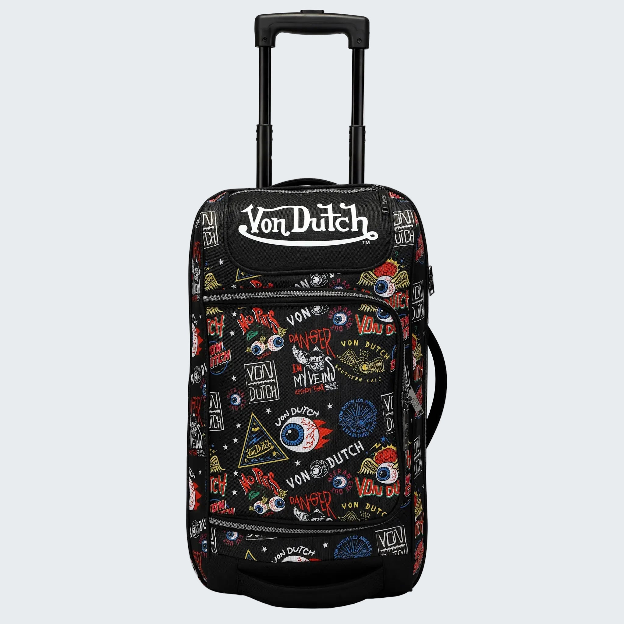 Von Dutch suitcase with colorful designs on a white background