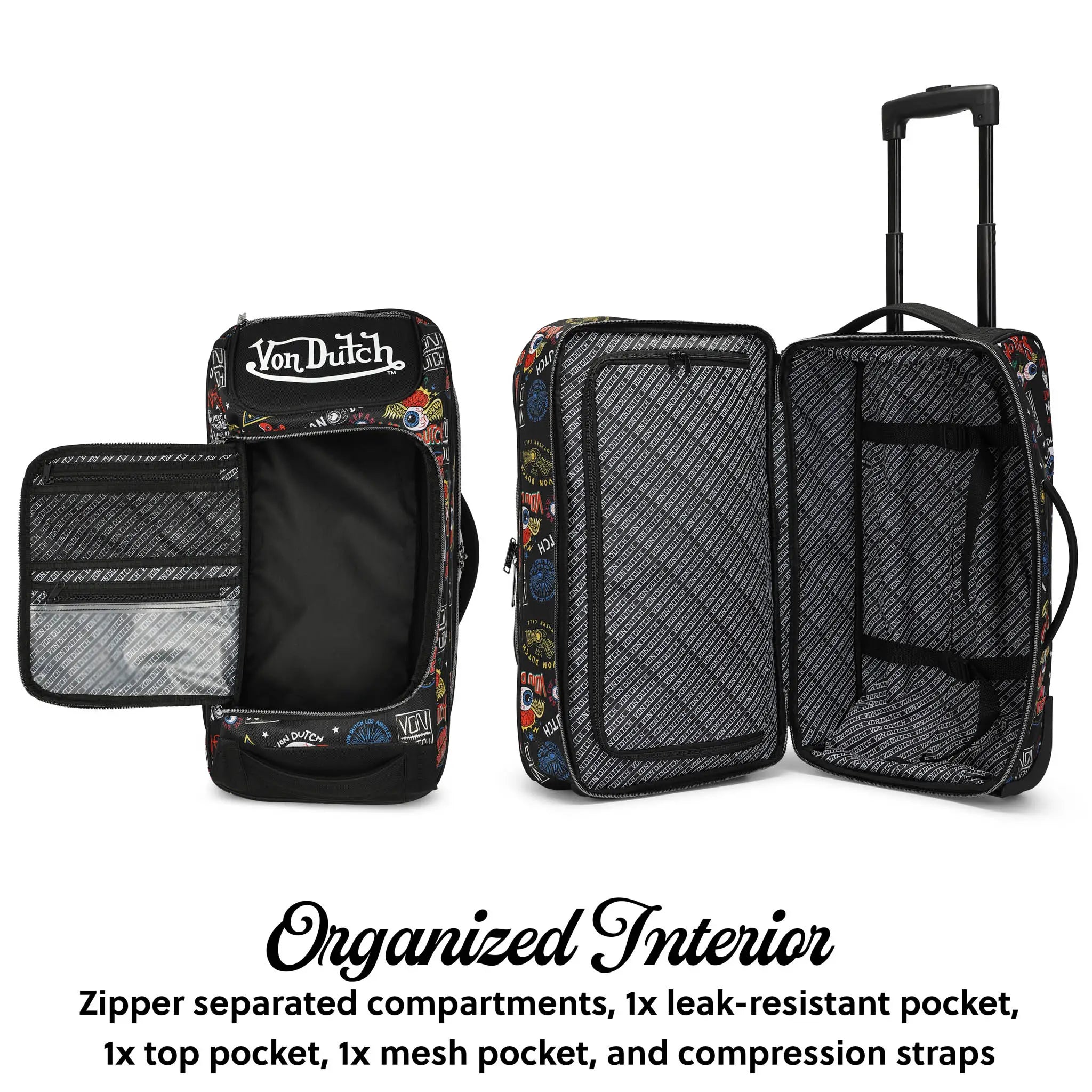 Travel bag set with compartments and features highlighted on a white background