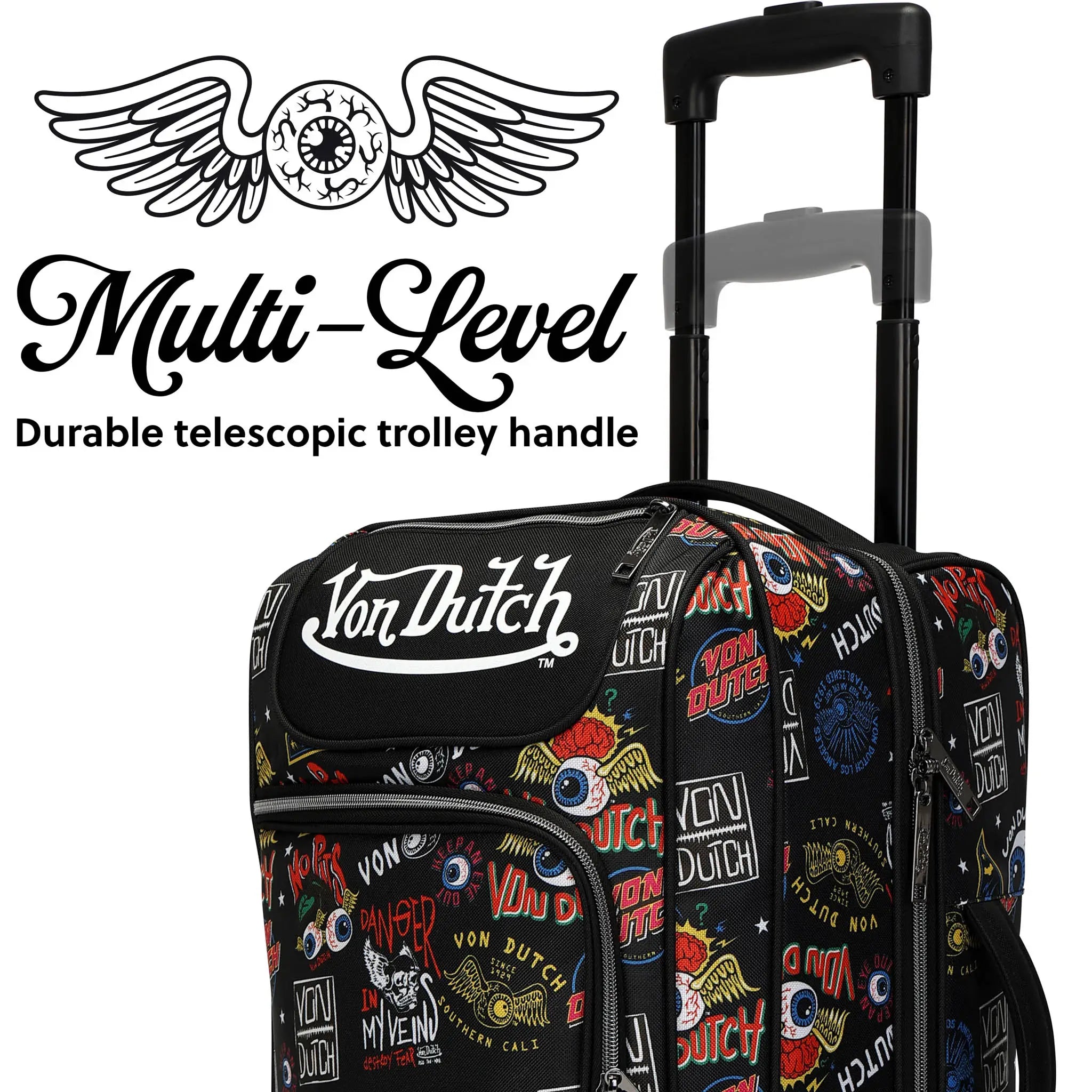 Von Dutch luggage with colorful designs and a durable telescopic trolley handle on a white background.