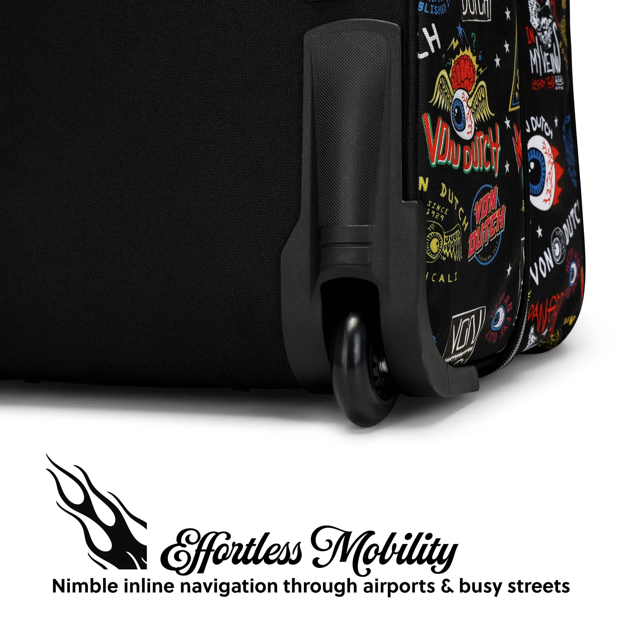 Black suitcase with colorful stickers on a white background, featuring the brand 'Effortless Mobility'.