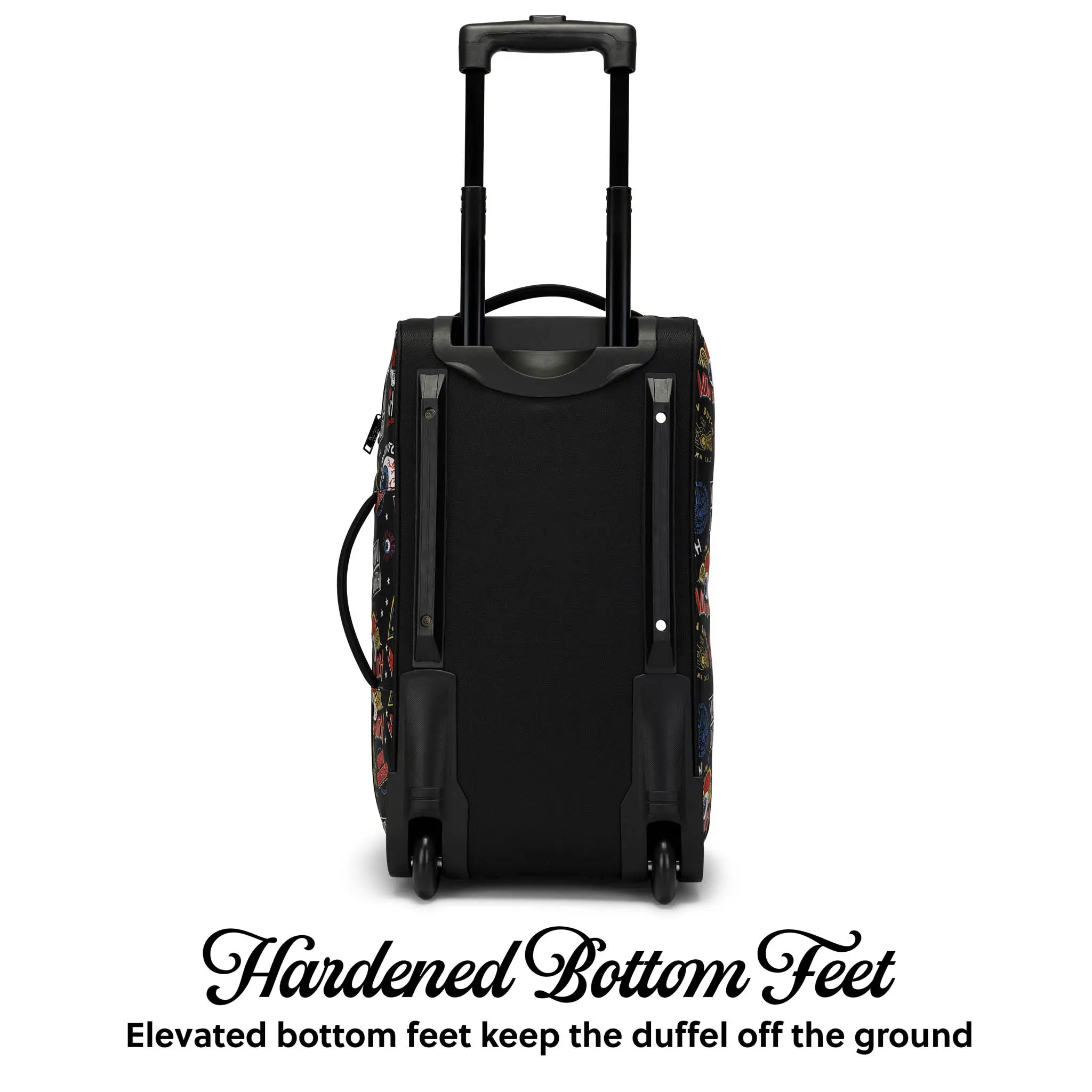 Black duffel bag with patterned wheels on a white background