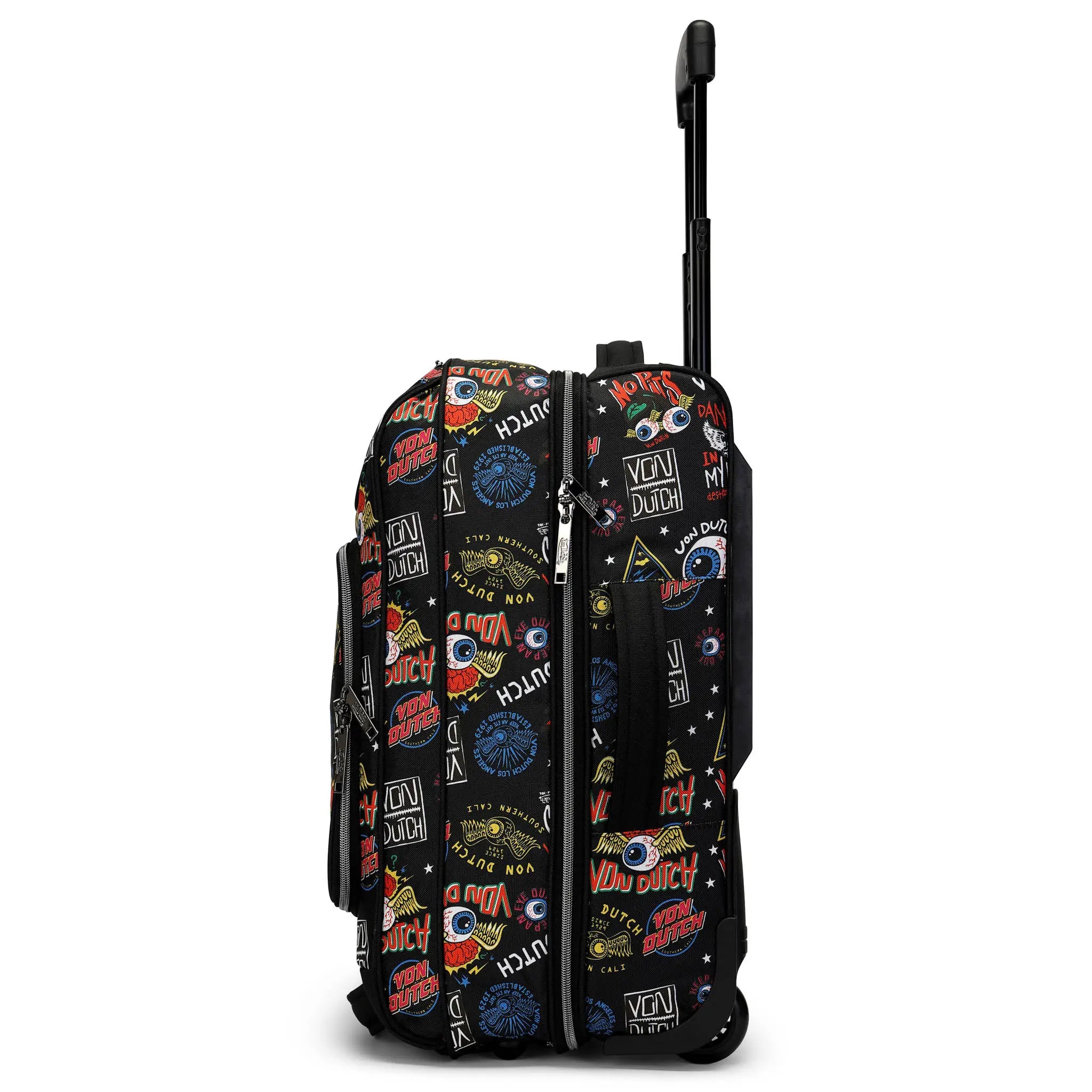 Black suitcase with colorful graphics and text on a white background