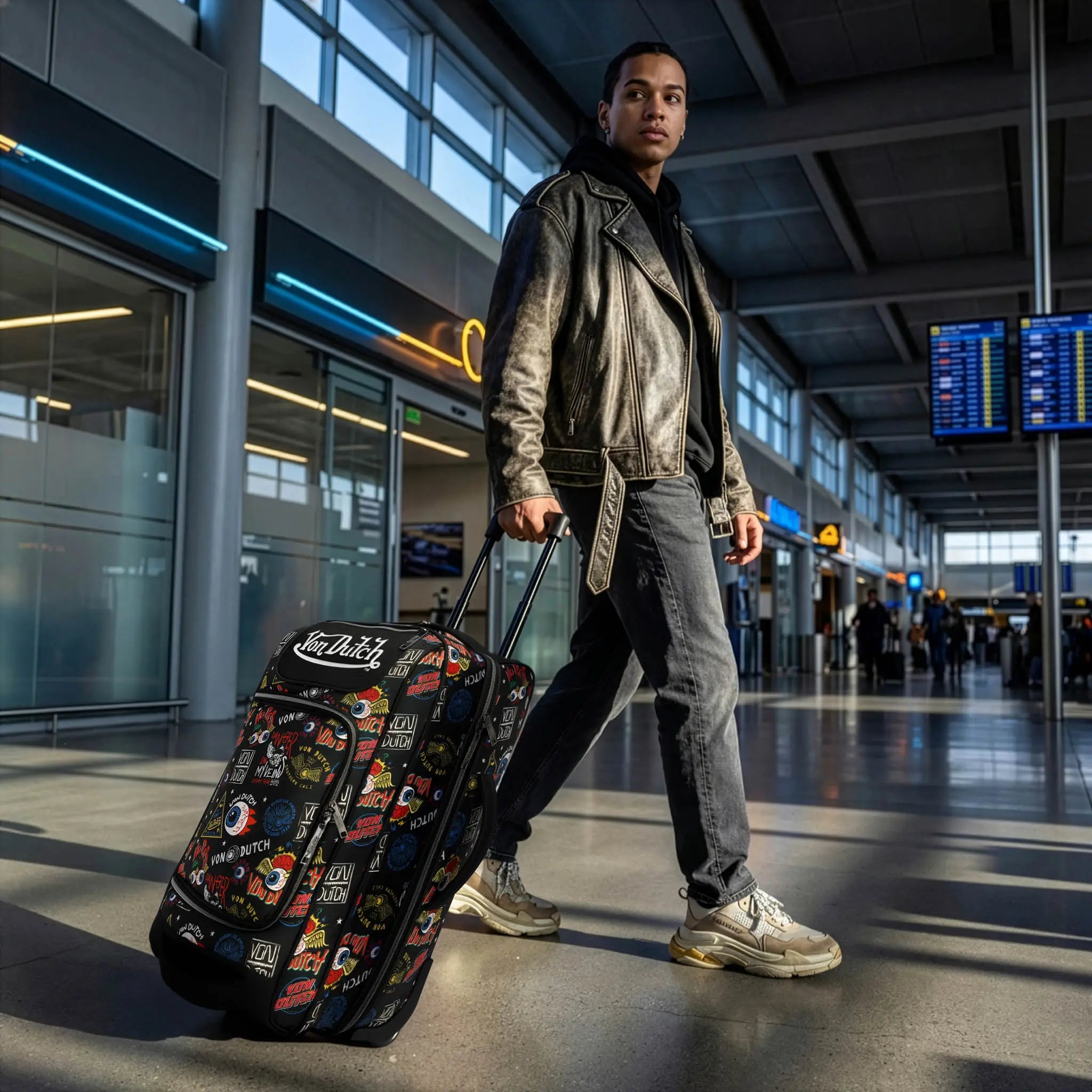 Man pulling a suitcase through an airport terminal