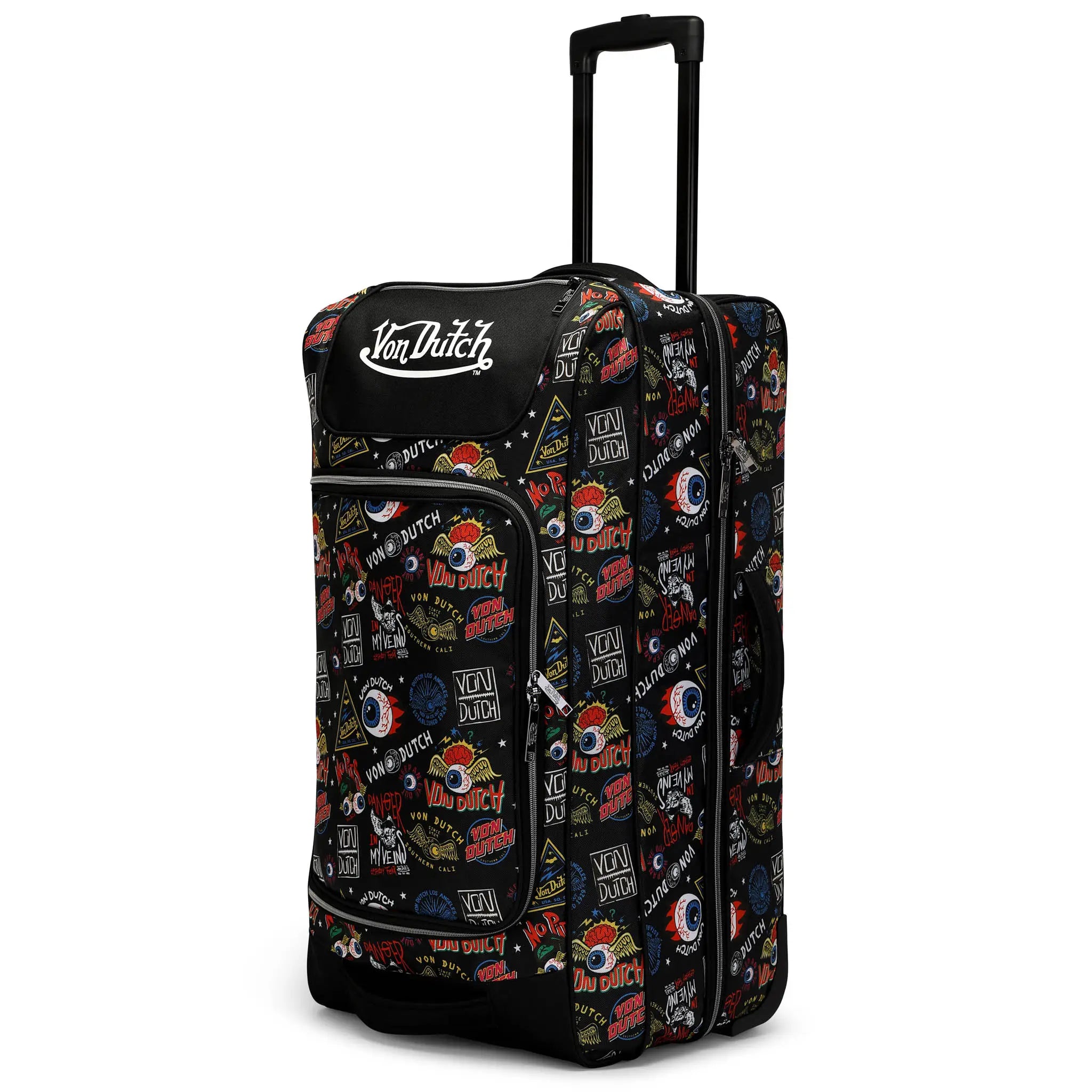 Black suitcase with colorful patterns and Von Dutch logo on a white background