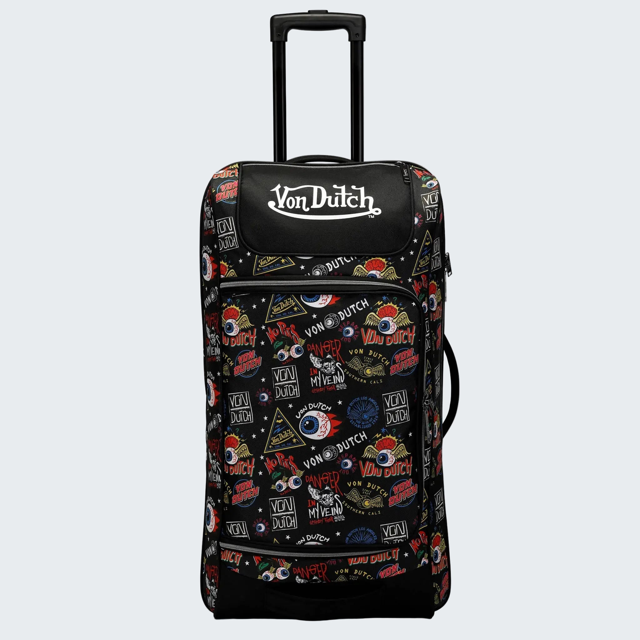 Black rolling suitcase with colorful Von Dutch logo and graphics on a white background