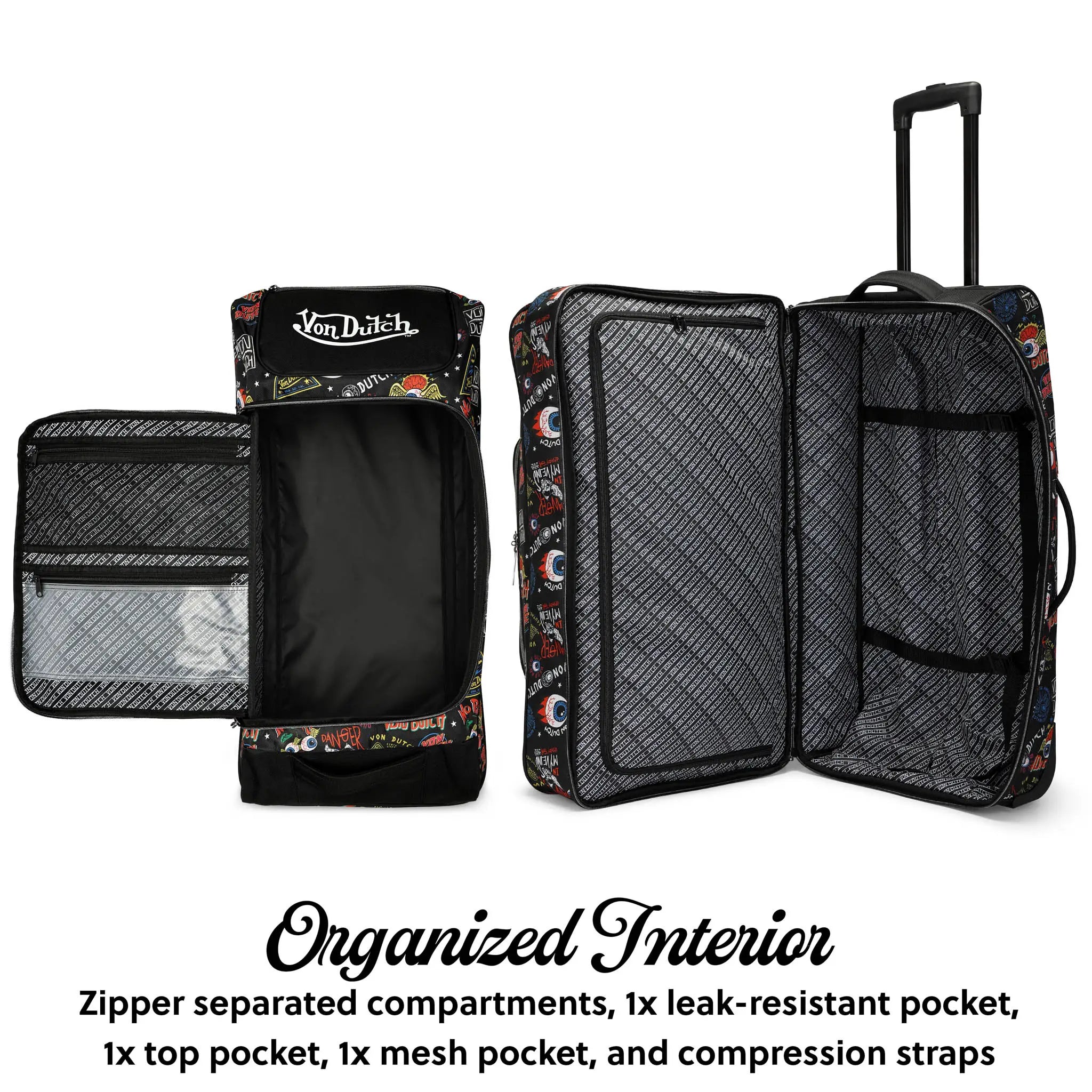 Travel bag with organized interior compartments and compression straps, featuring Van Duzee branding.