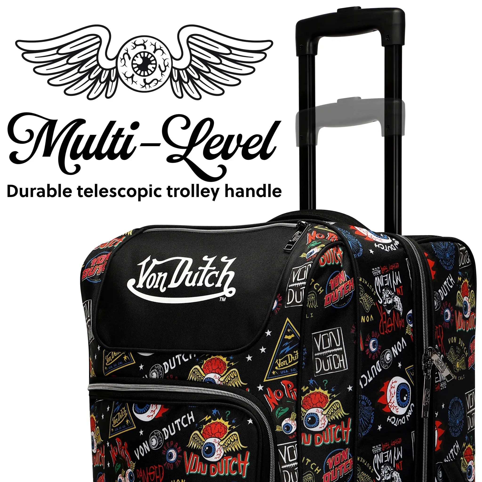 Von Dutch suitcase with colorful design and durable telescopic trolley handle on a white background