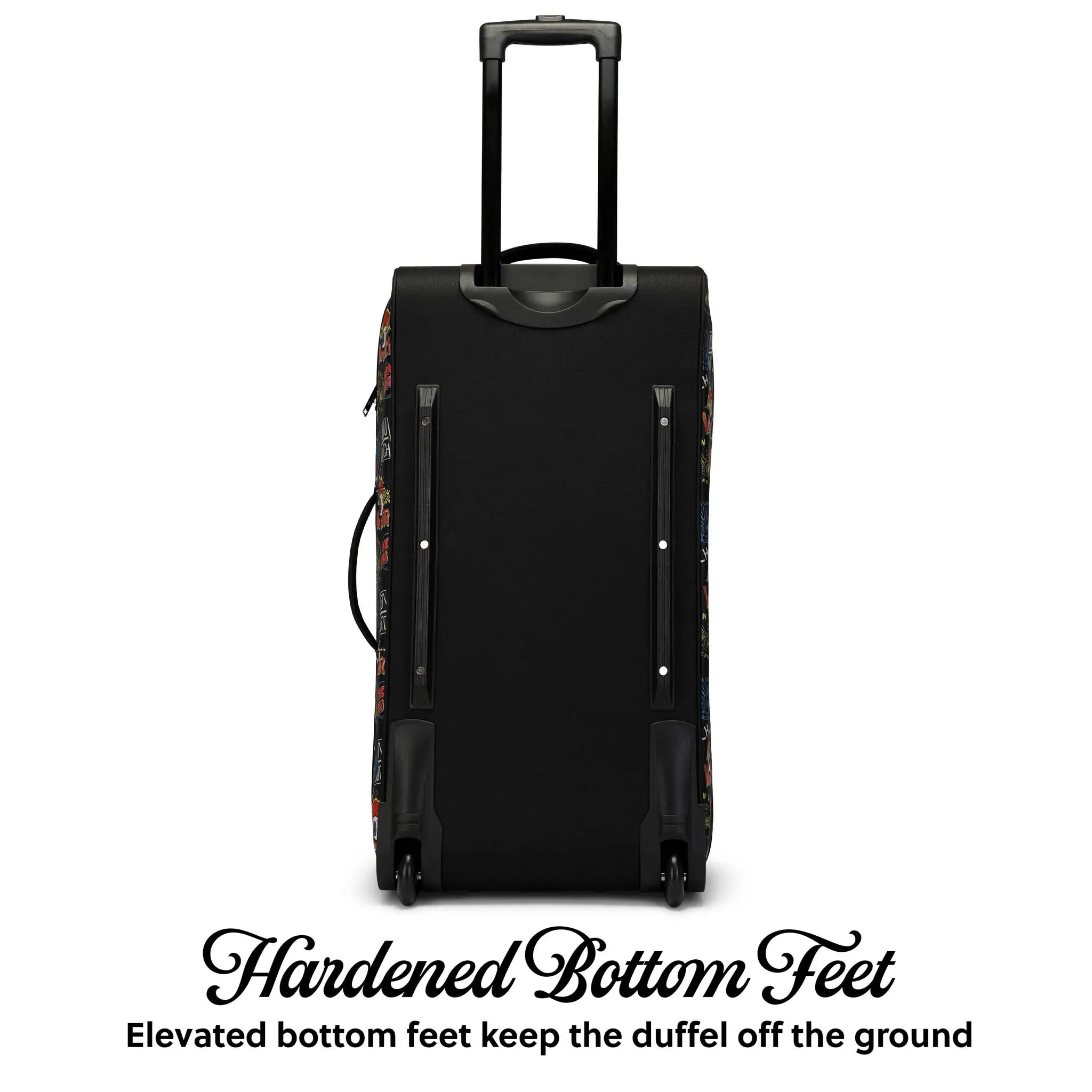 Black duffel bag with patterned feet on a white background
