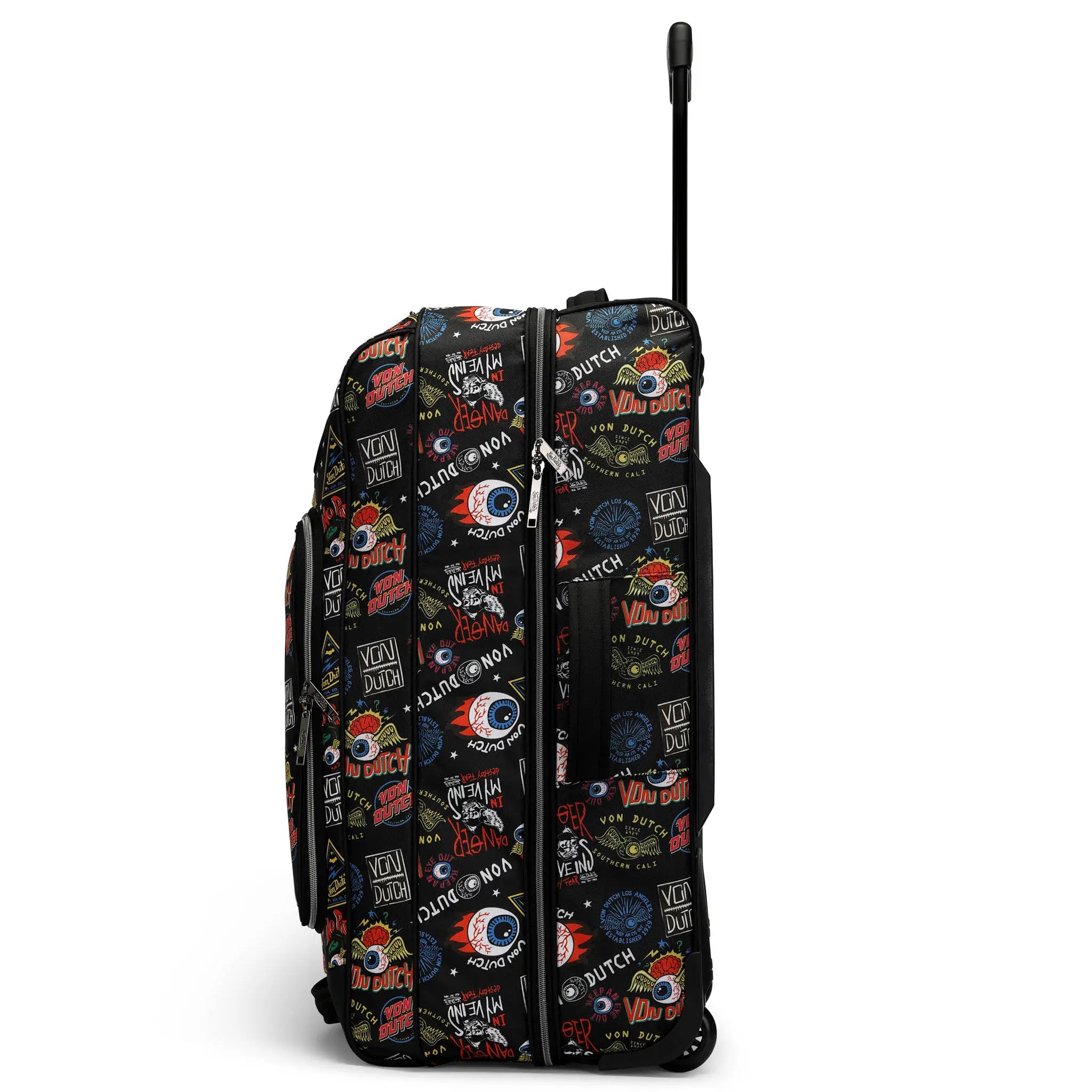 Black suitcase with colorful graphic design on a white background