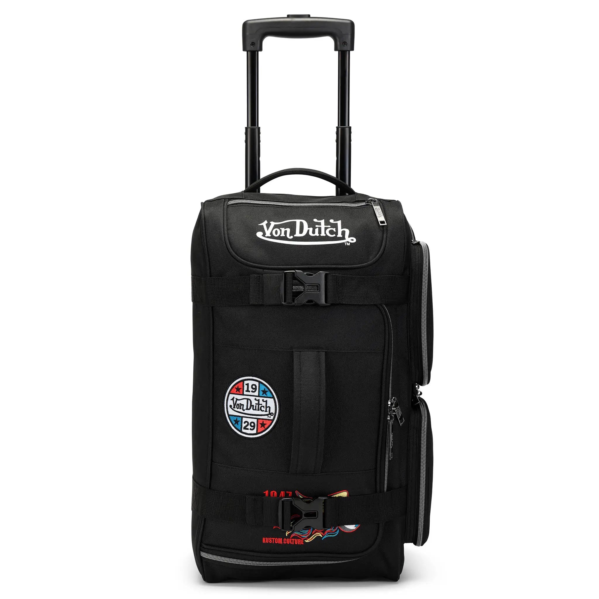 Black rolling suitcase with Von Dutch branding on a white background