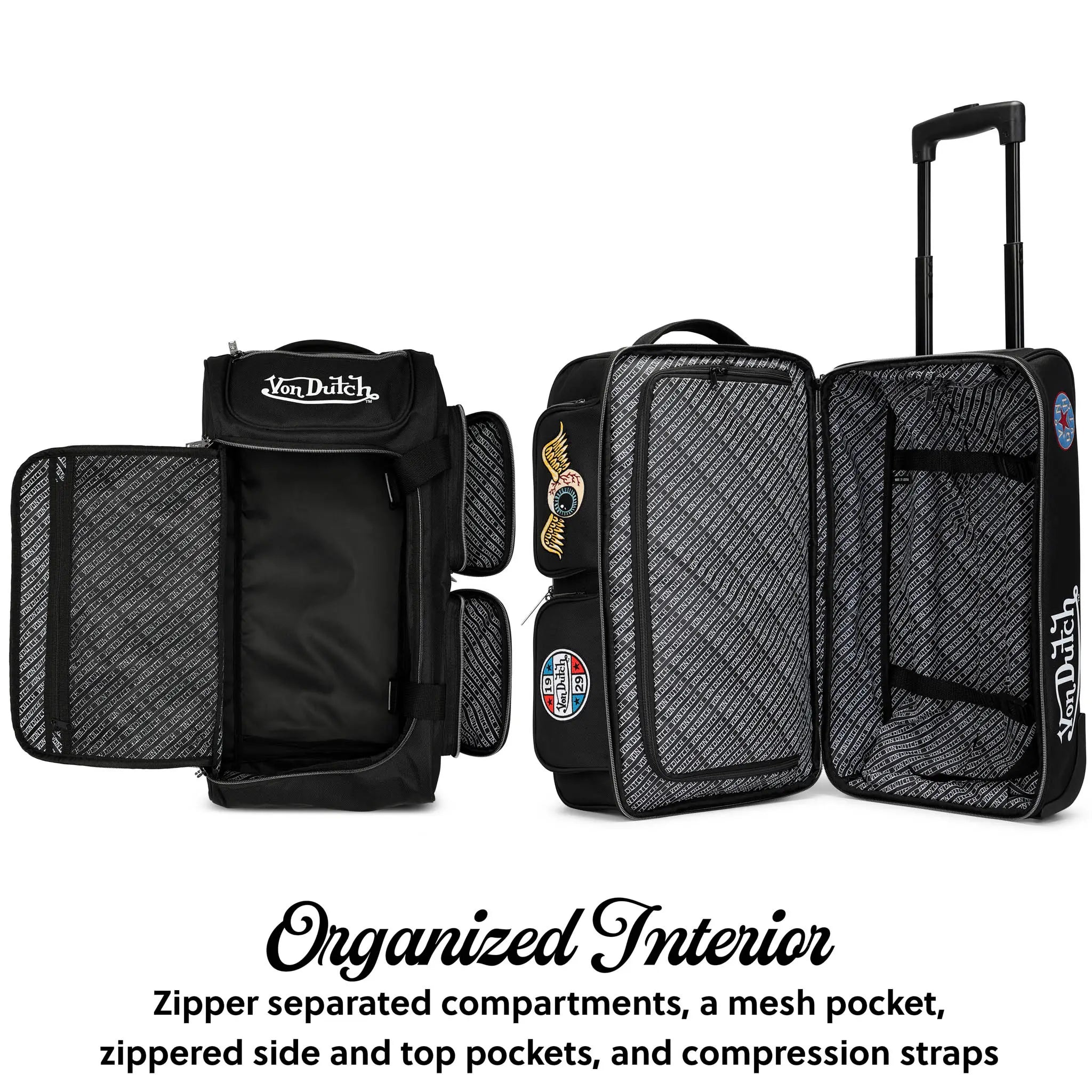 Black Von Dutch luggage set with mesh pocket, zipper compartments, and compression straps on a white background.
