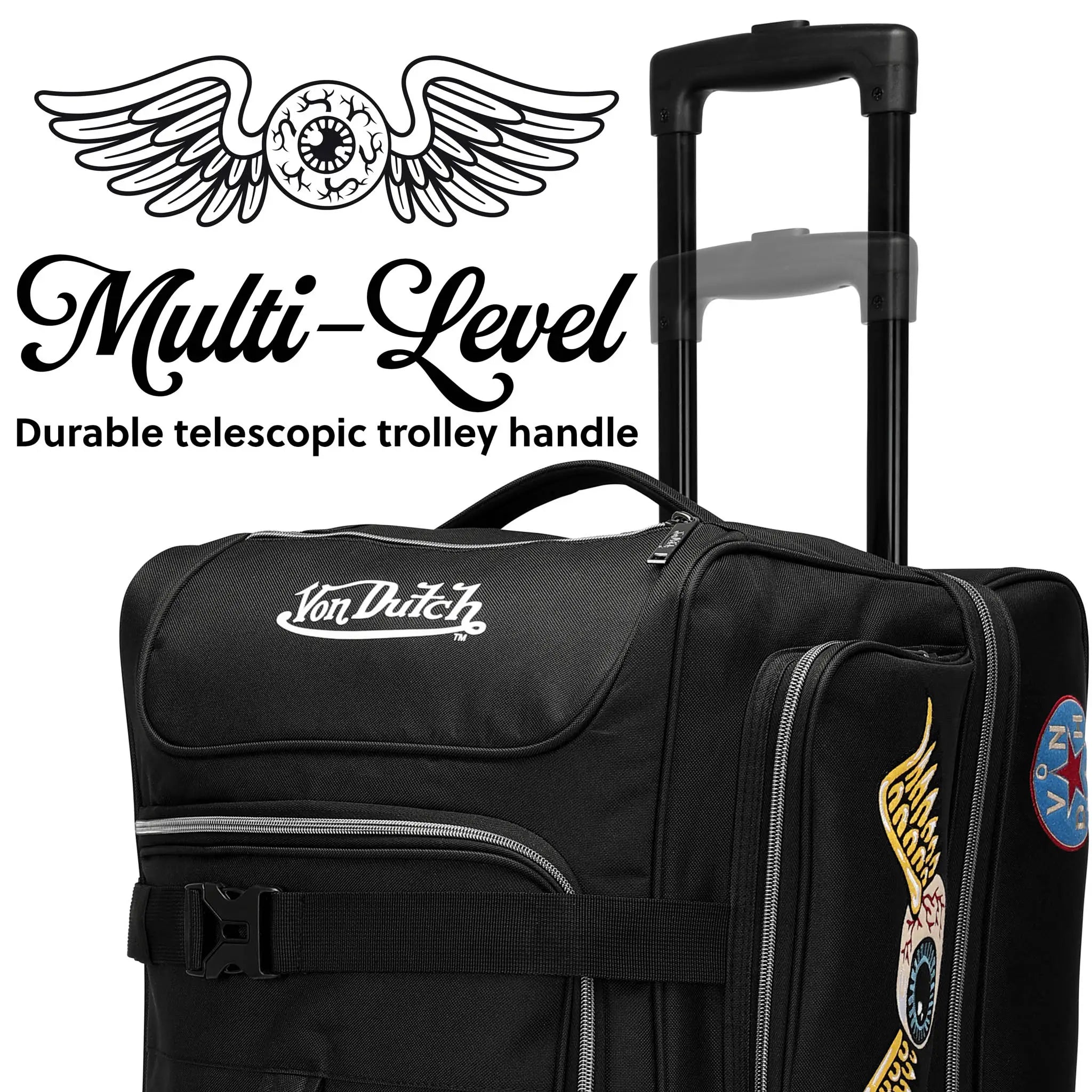 Black suitcase with 'Von Dutch' branding and a durable telescopic trolley handle feature.