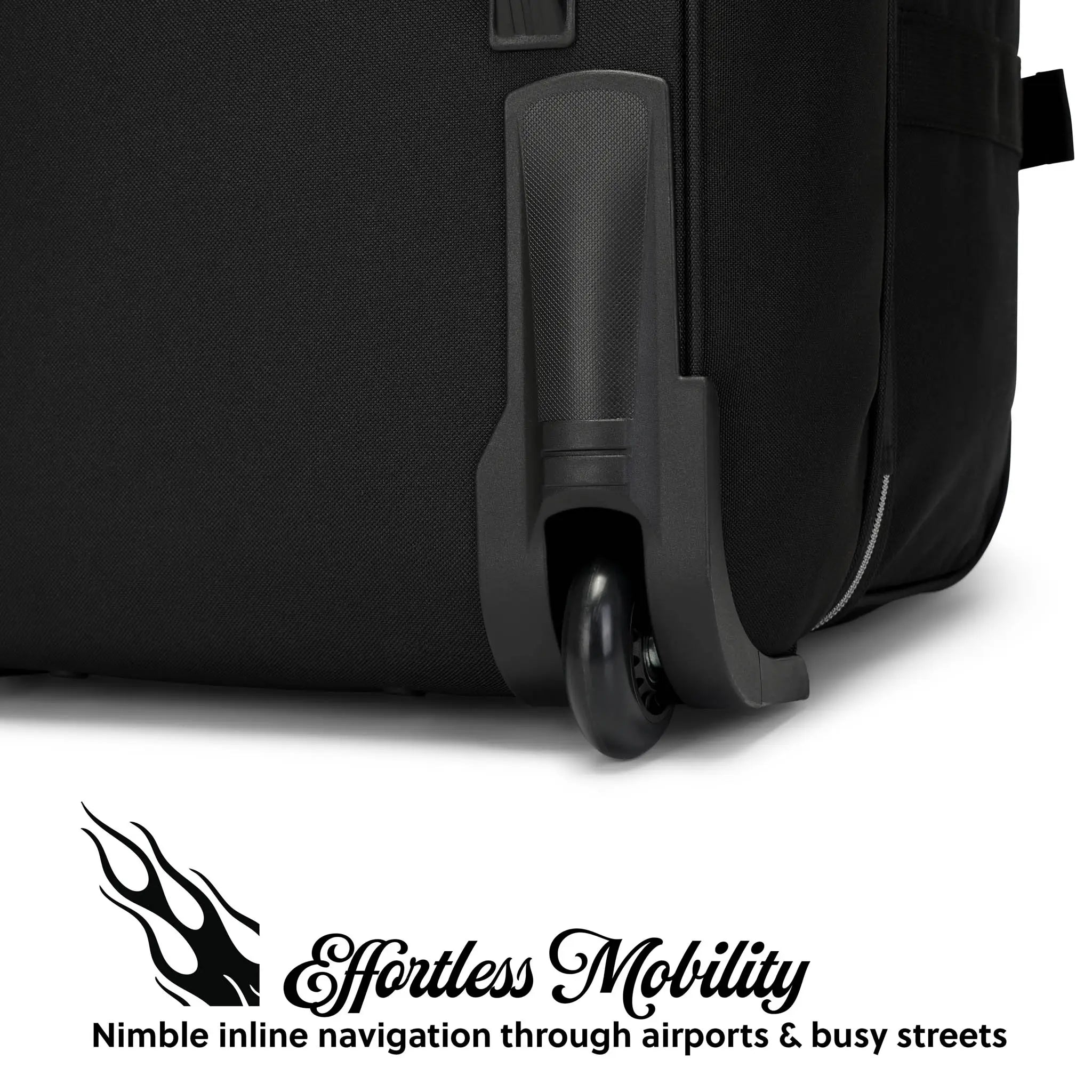 Black suitcase with wheels on a white background, featuring 'Effortless Mobility' branding.