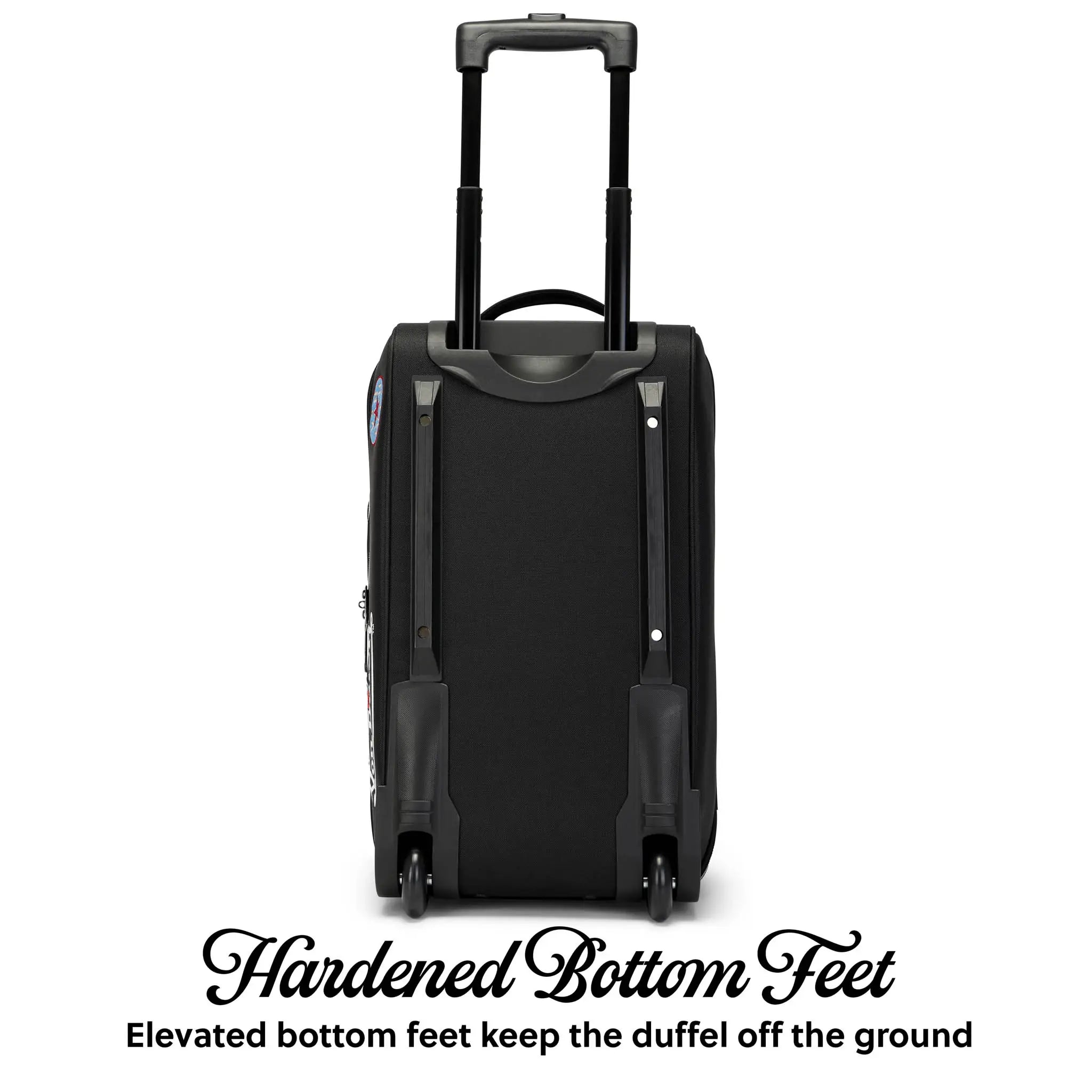 Black suitcase with wheels and handle on a white background