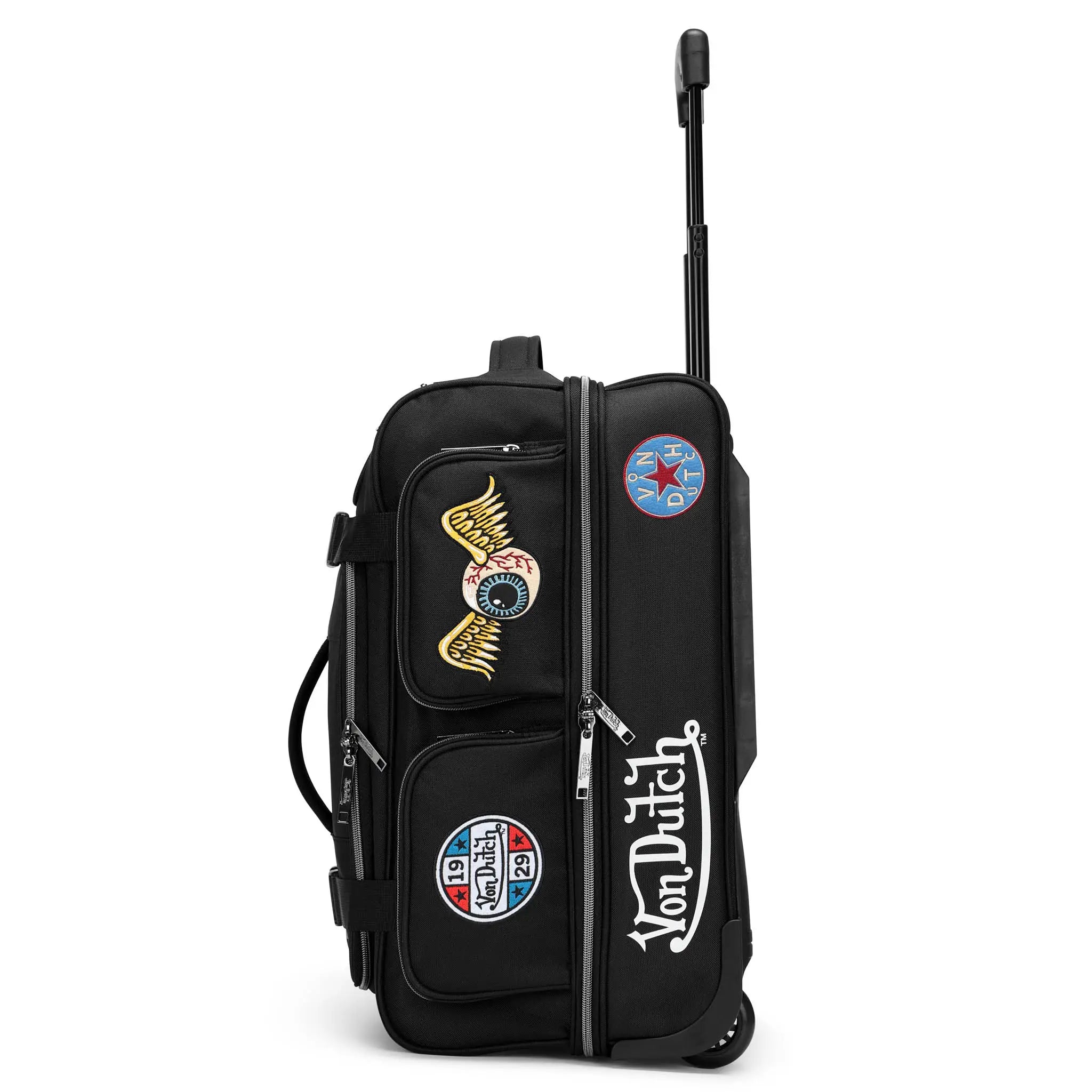Black suitcase with patches and Von Dutch branding on a white background