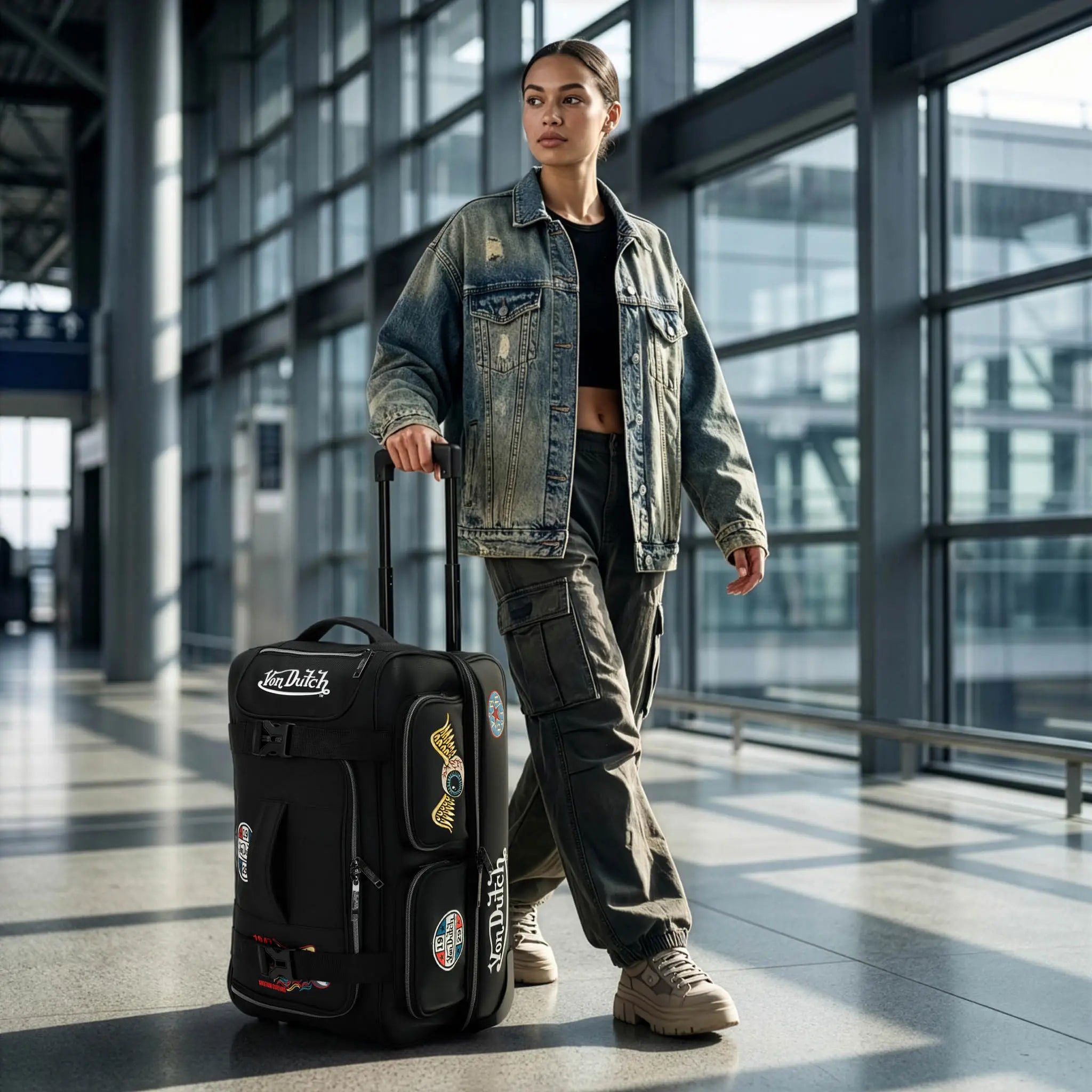 Person pulling a black suitcase with visible branding in a modern indoor setting