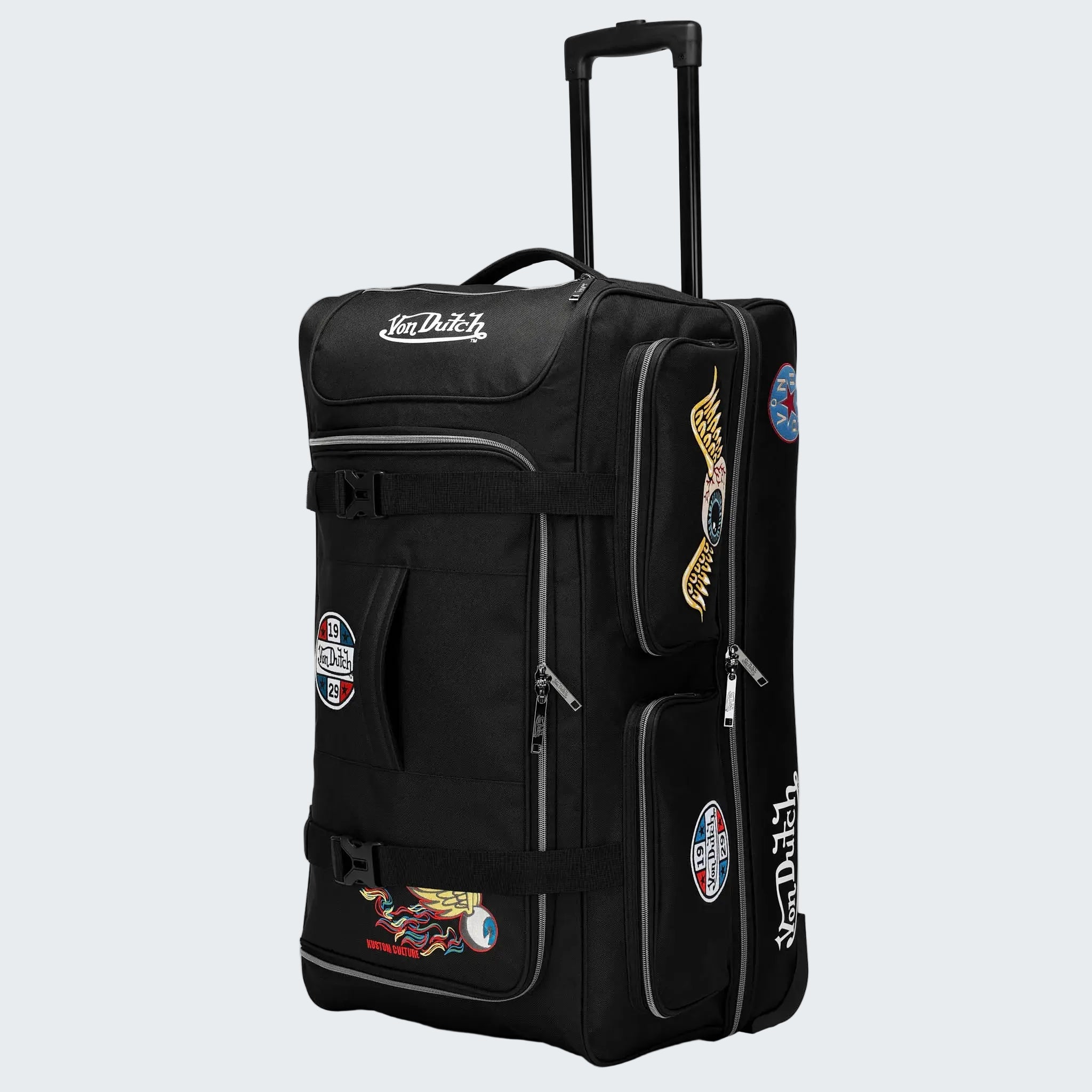 Black rolling duffel bag with patches on a white background