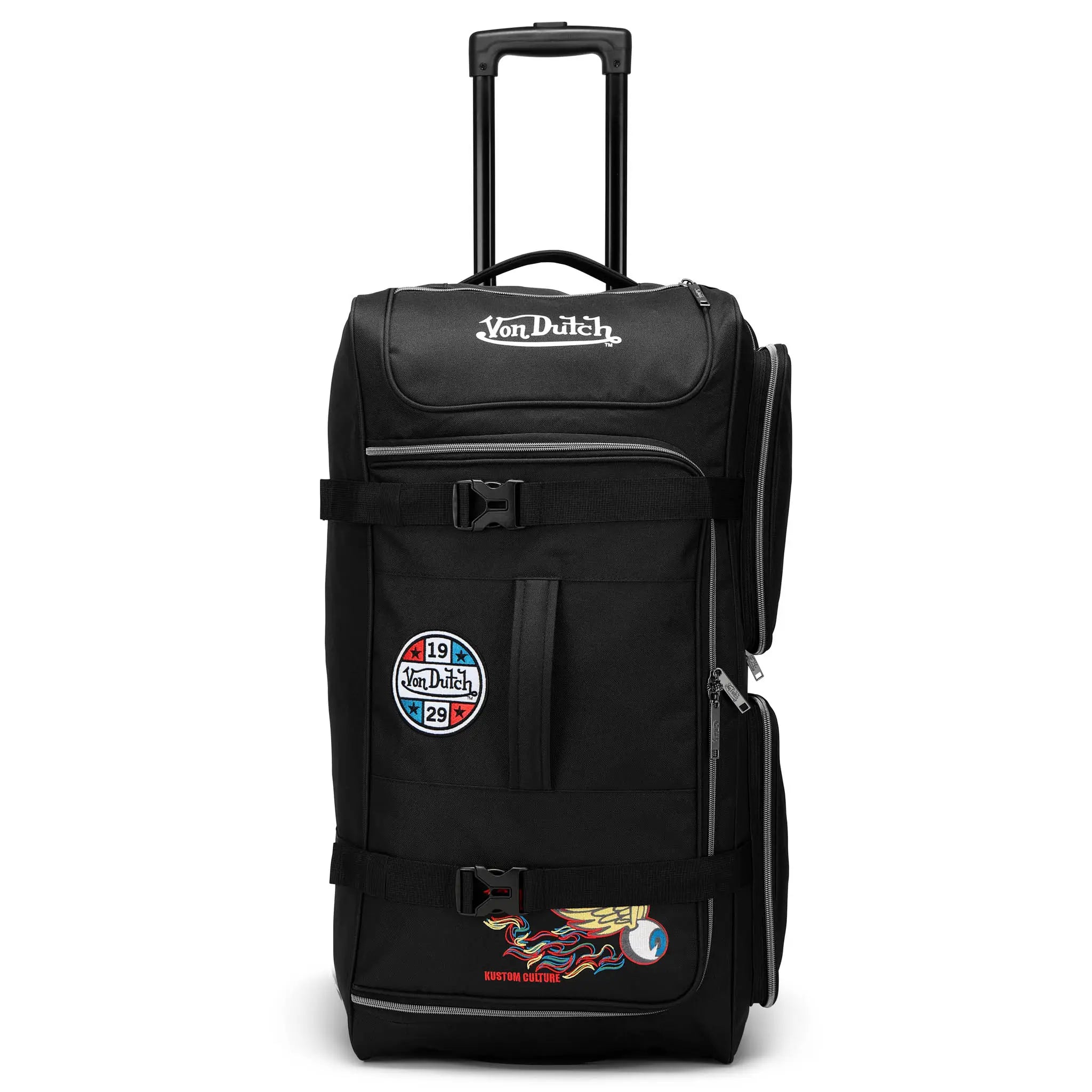 Black rolling suitcase with Von Dutch branding on a white background