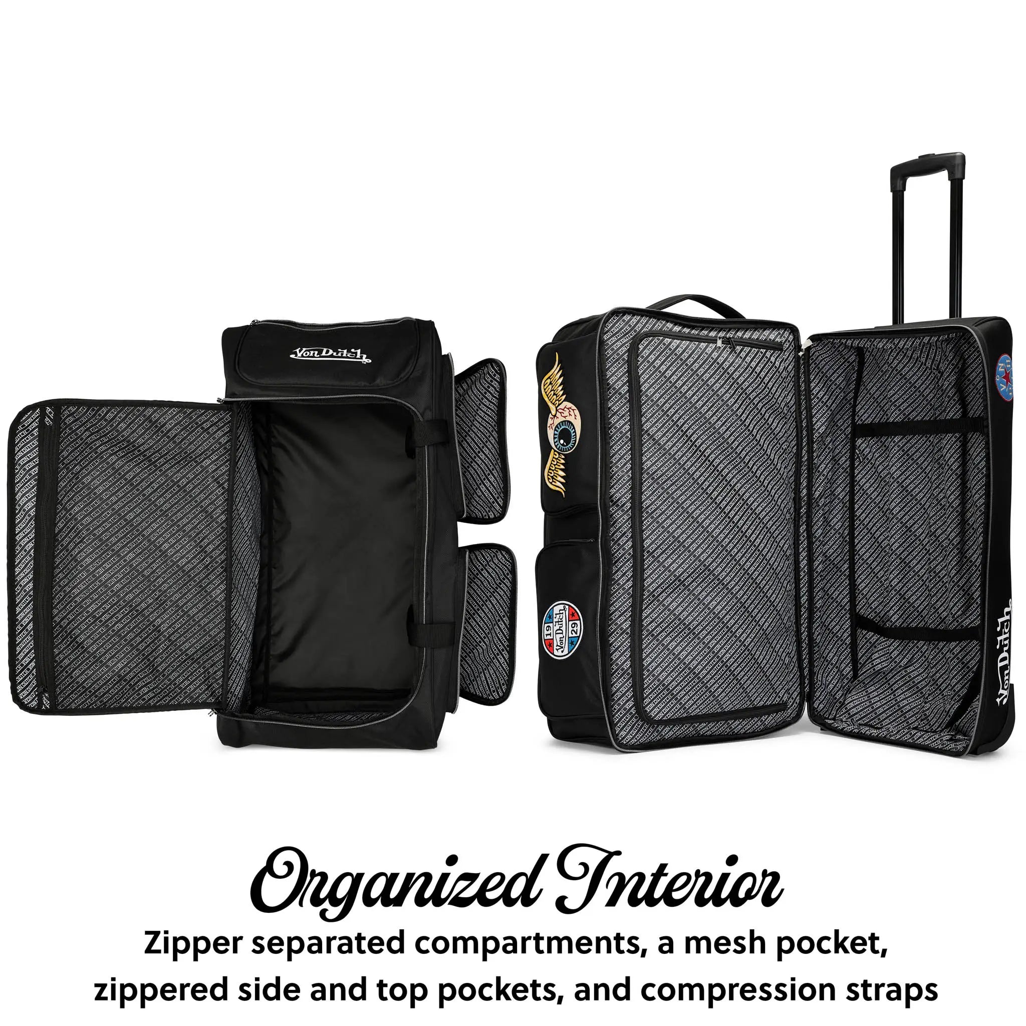 Black suitcase with organized interior features on a white background