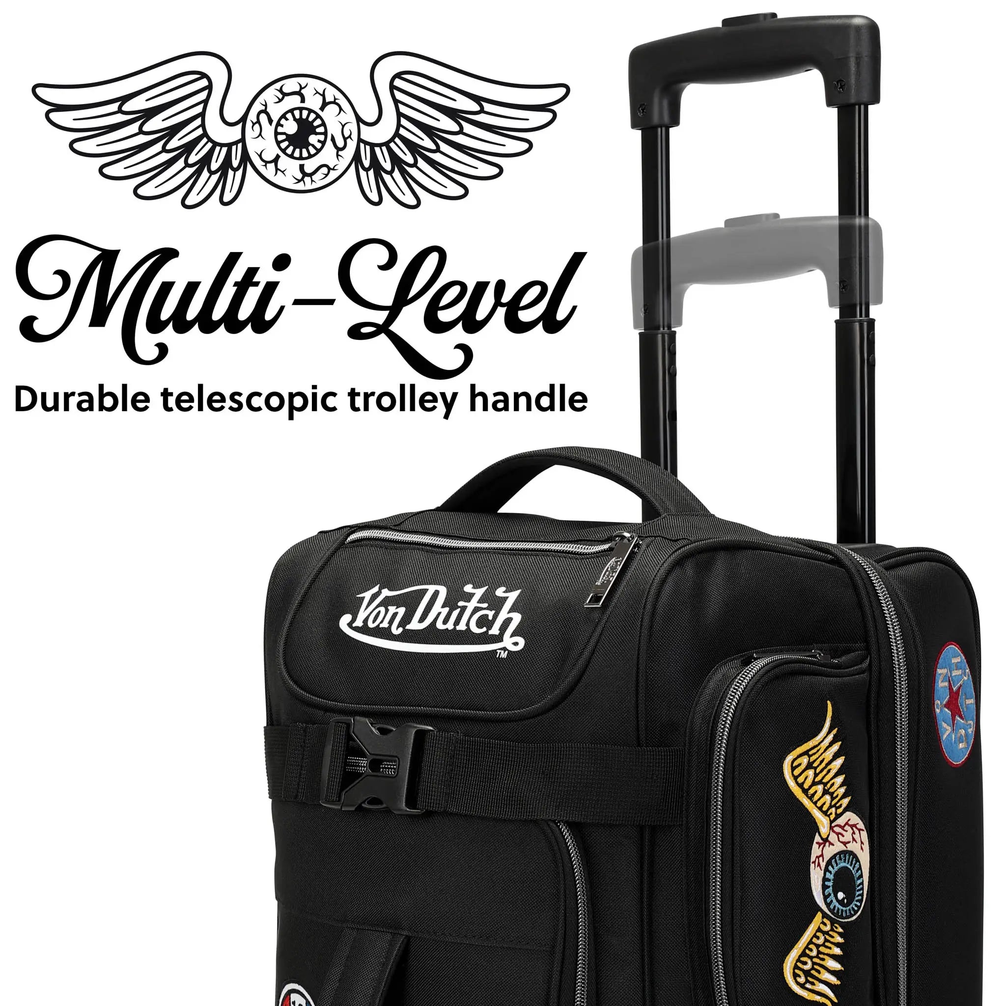 Black suitcase with Von Dutch logo and 'Multi-Level' text on a white background