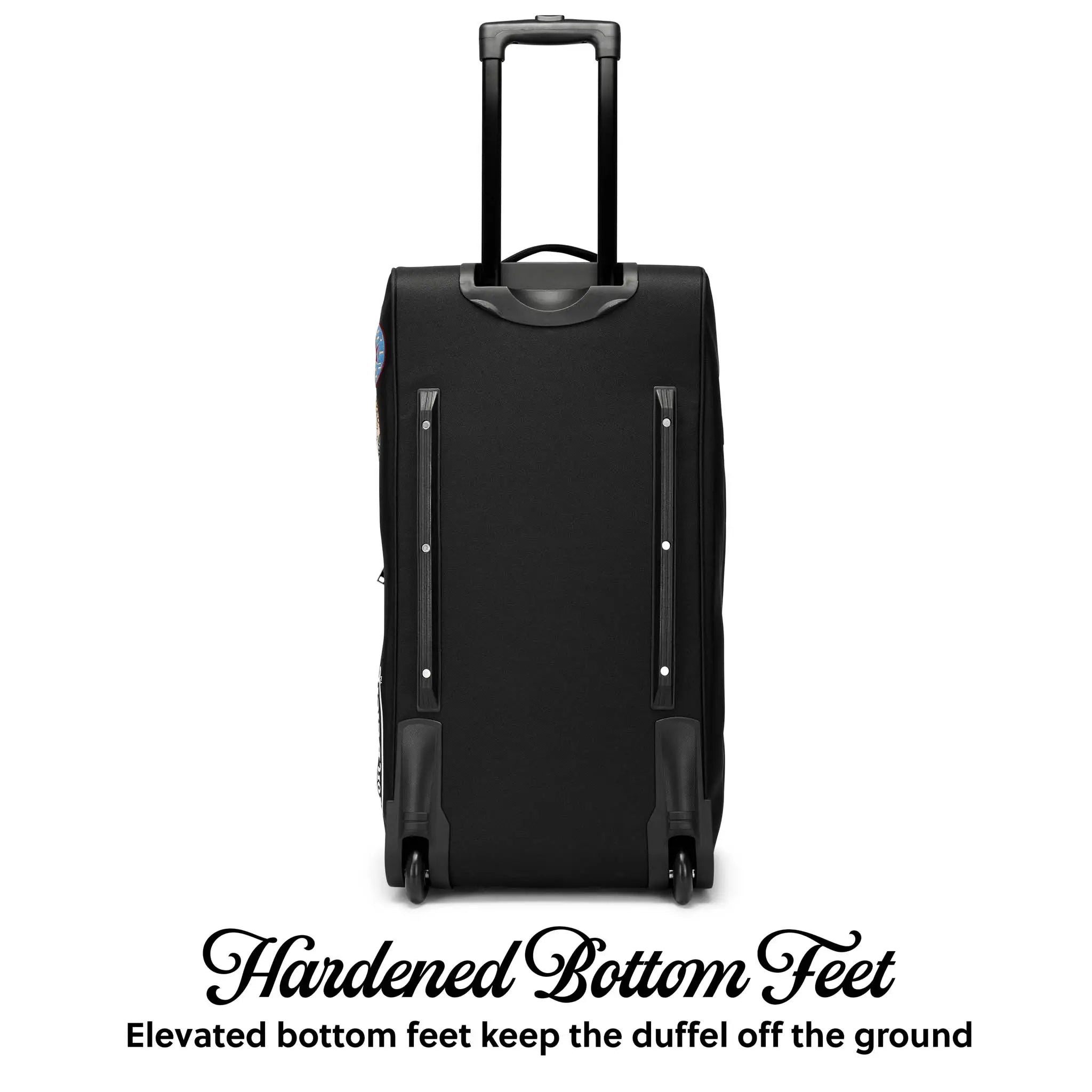 Black suitcase with elevated bottom feet on a white background