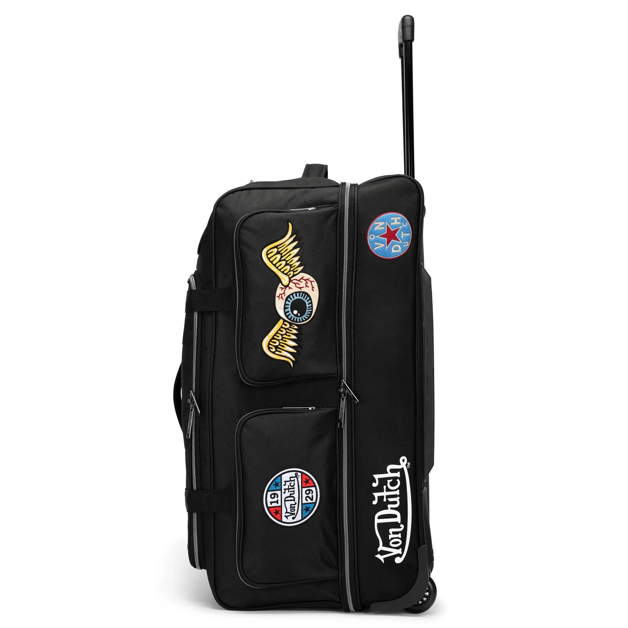 Black rolling suitcase with Von Dutch branding and logos on a white background