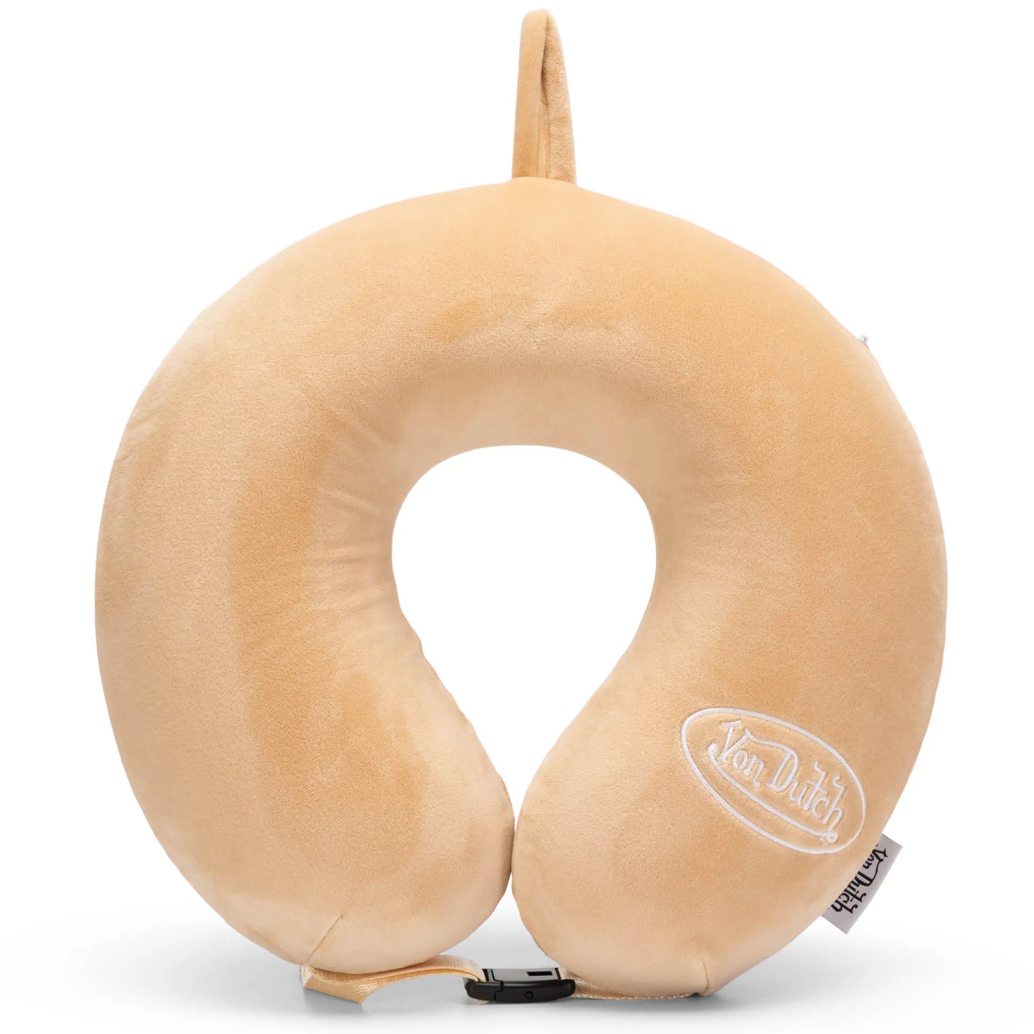 Beige neck pillow with a visible brand logo on a white background